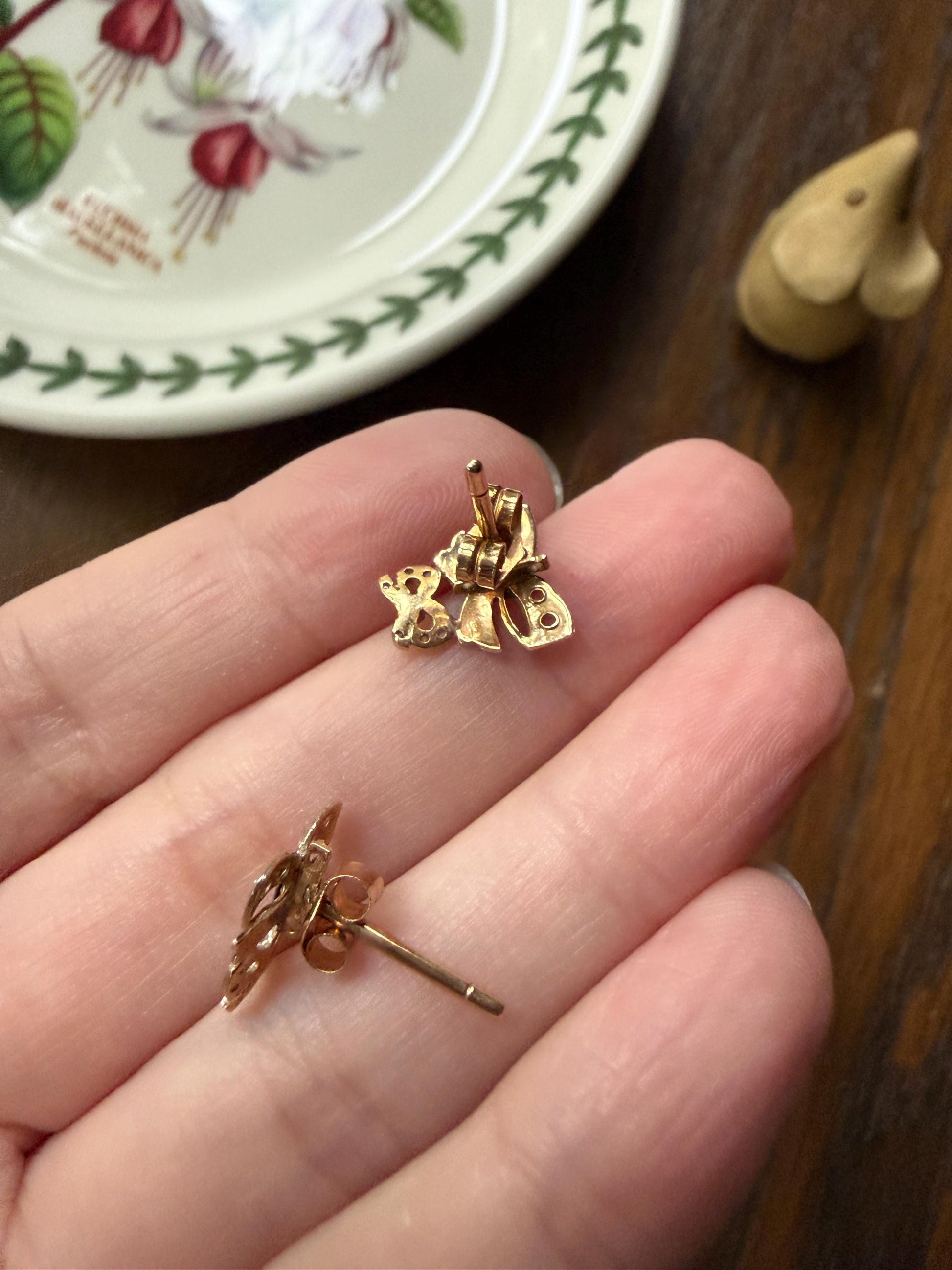 DOUBLE BOWS Antique Rose Cut Diamond Figural Stud Earrings 18k Gold Platinum Dainty Sparklers