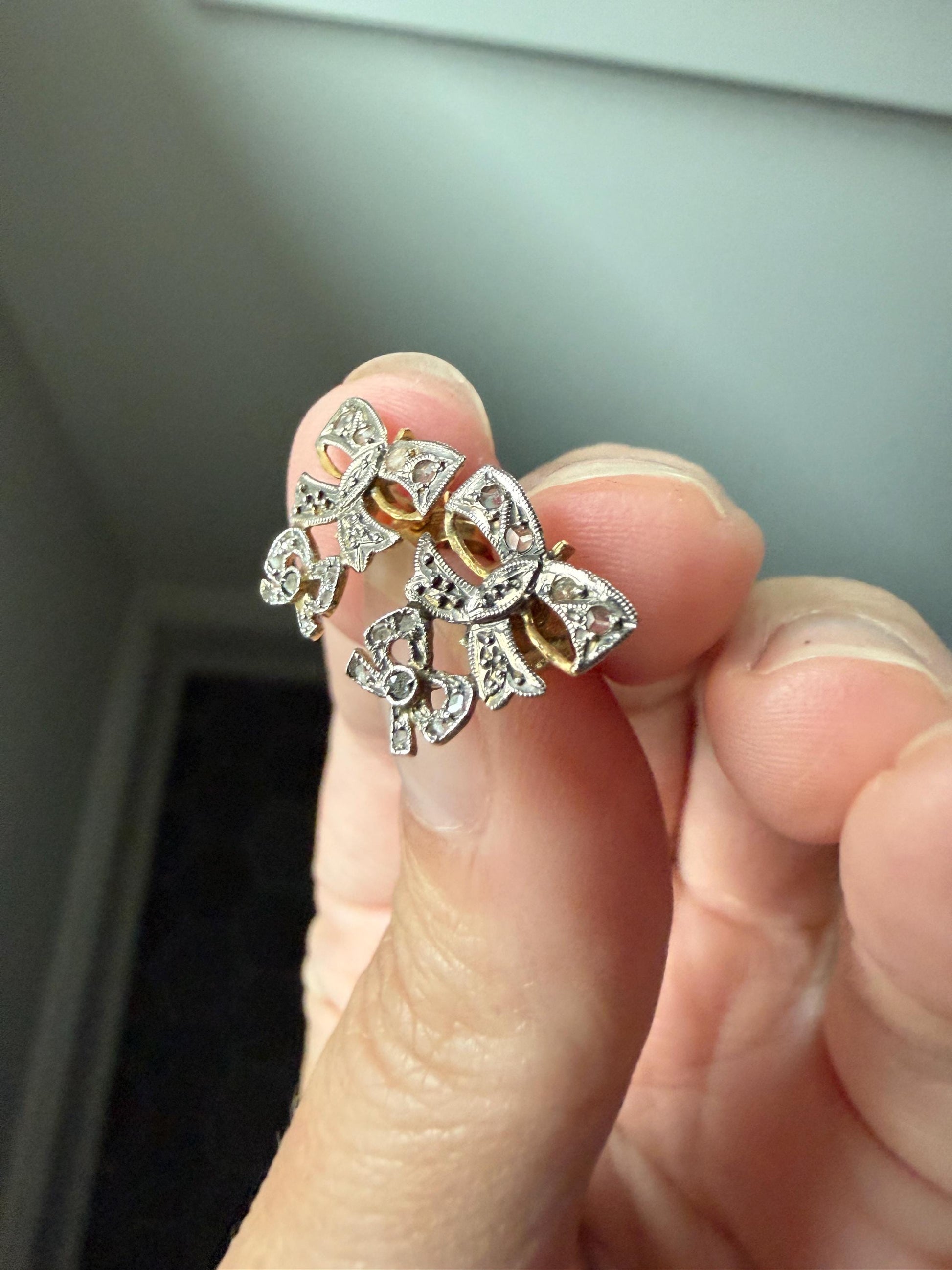 DOUBLE BOWS Antique Rose Cut Diamond Figural Stud Earrings 18k Gold Platinum Dainty Sparklers