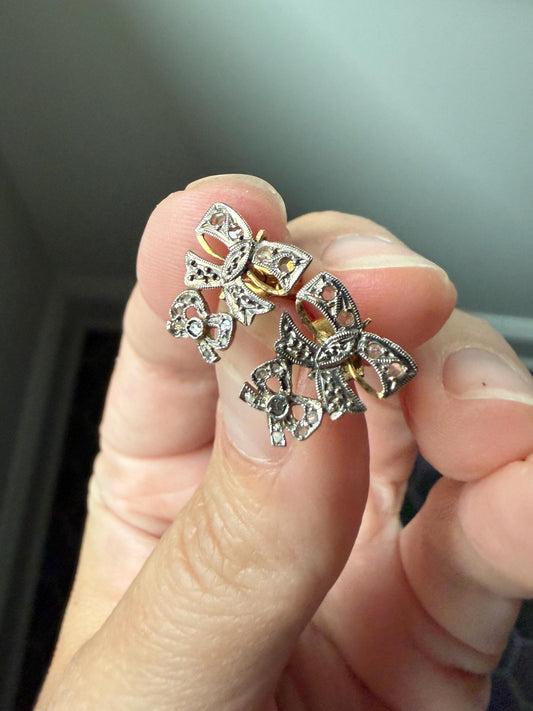 DOUBLE BOWS Antique Rose Cut Diamond Figural Stud Earrings 18k Gold Platinum Dainty Sparklers