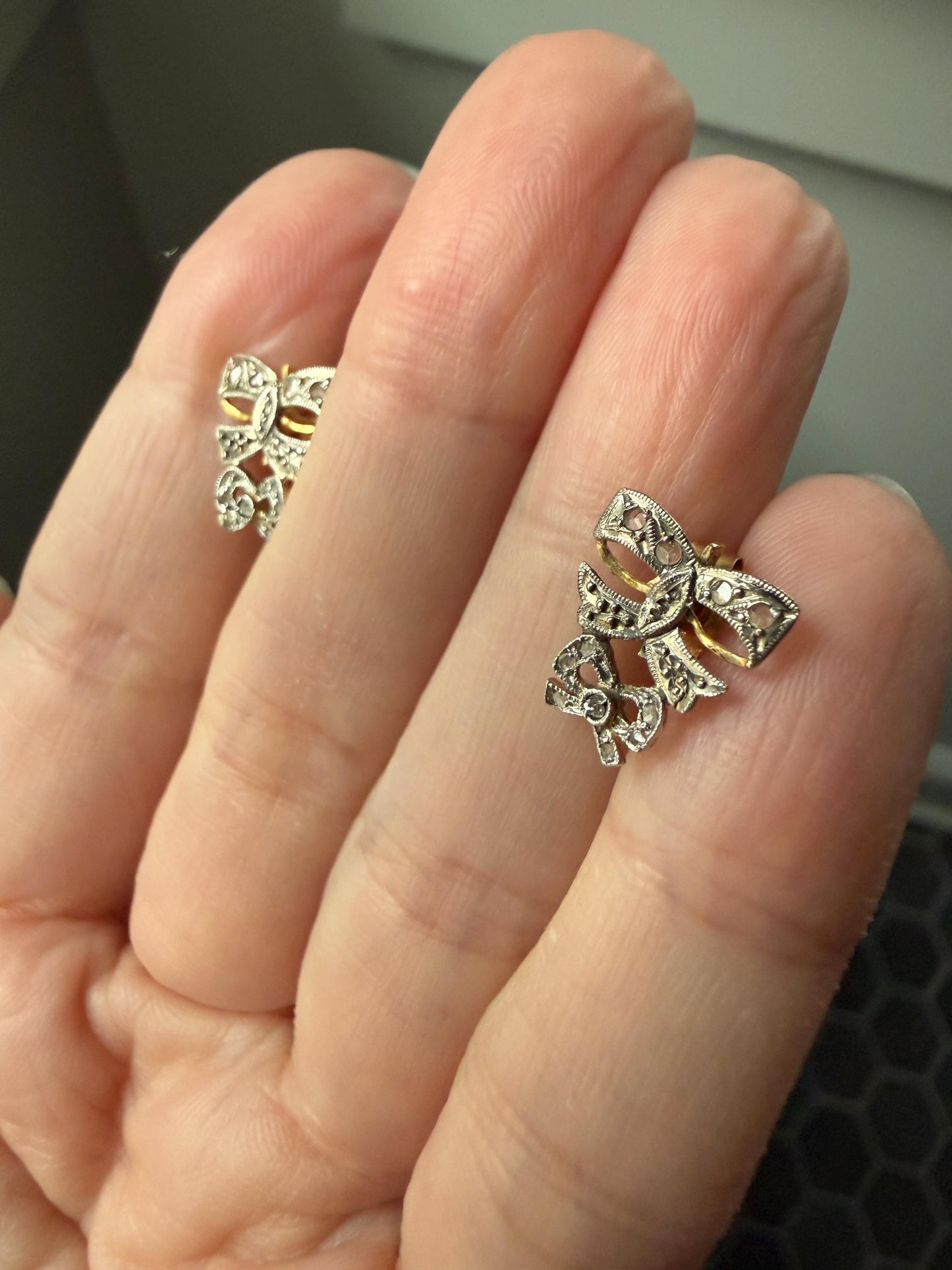 DOUBLE BOWS Antique Rose Cut Diamond Figural Stud Earrings 18k Gold Platinum Dainty Sparklers