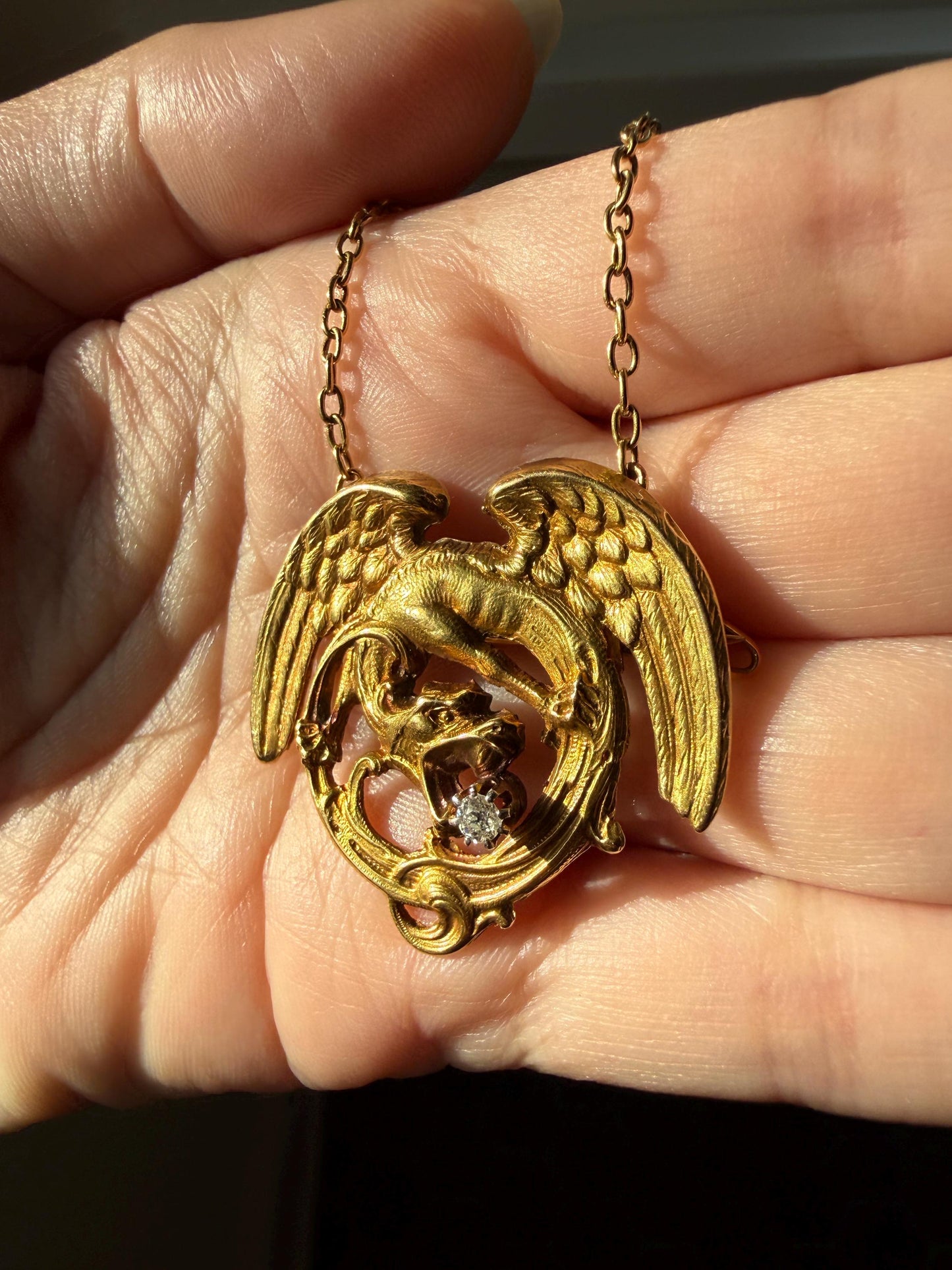 Large Antique 14g 18k Gold DRAGON Medallion Pendant on Chain Old Mine Cut Diamond Necklace Chimera Griffin French FIGURAL Belle Epoque
