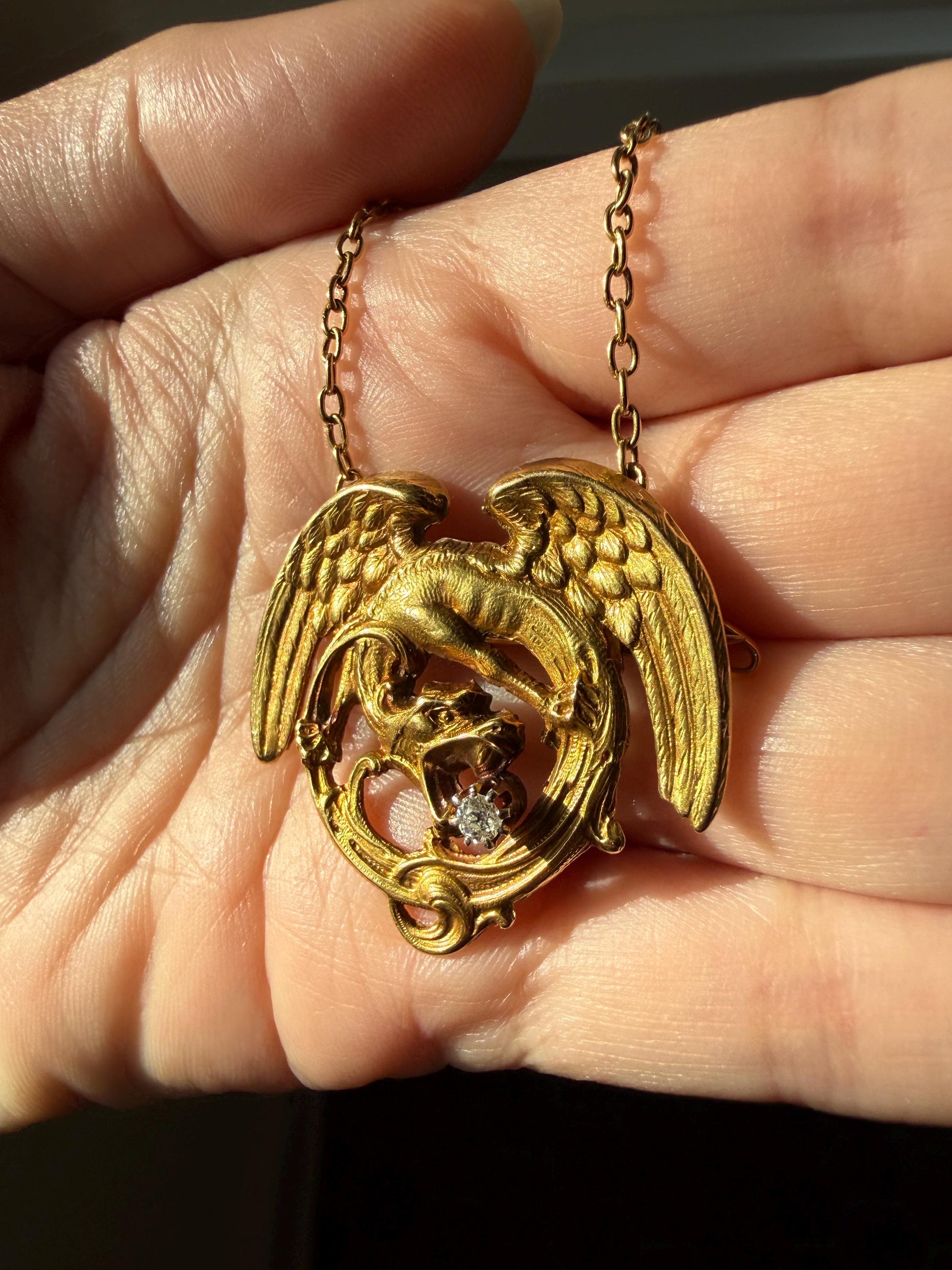 Large Antique 14g 18k Gold DRAGON Medallion Pendant on Chain Old Mine Cut Diamond Necklace Chimera Griffin French FIGURAL Belle Epoque