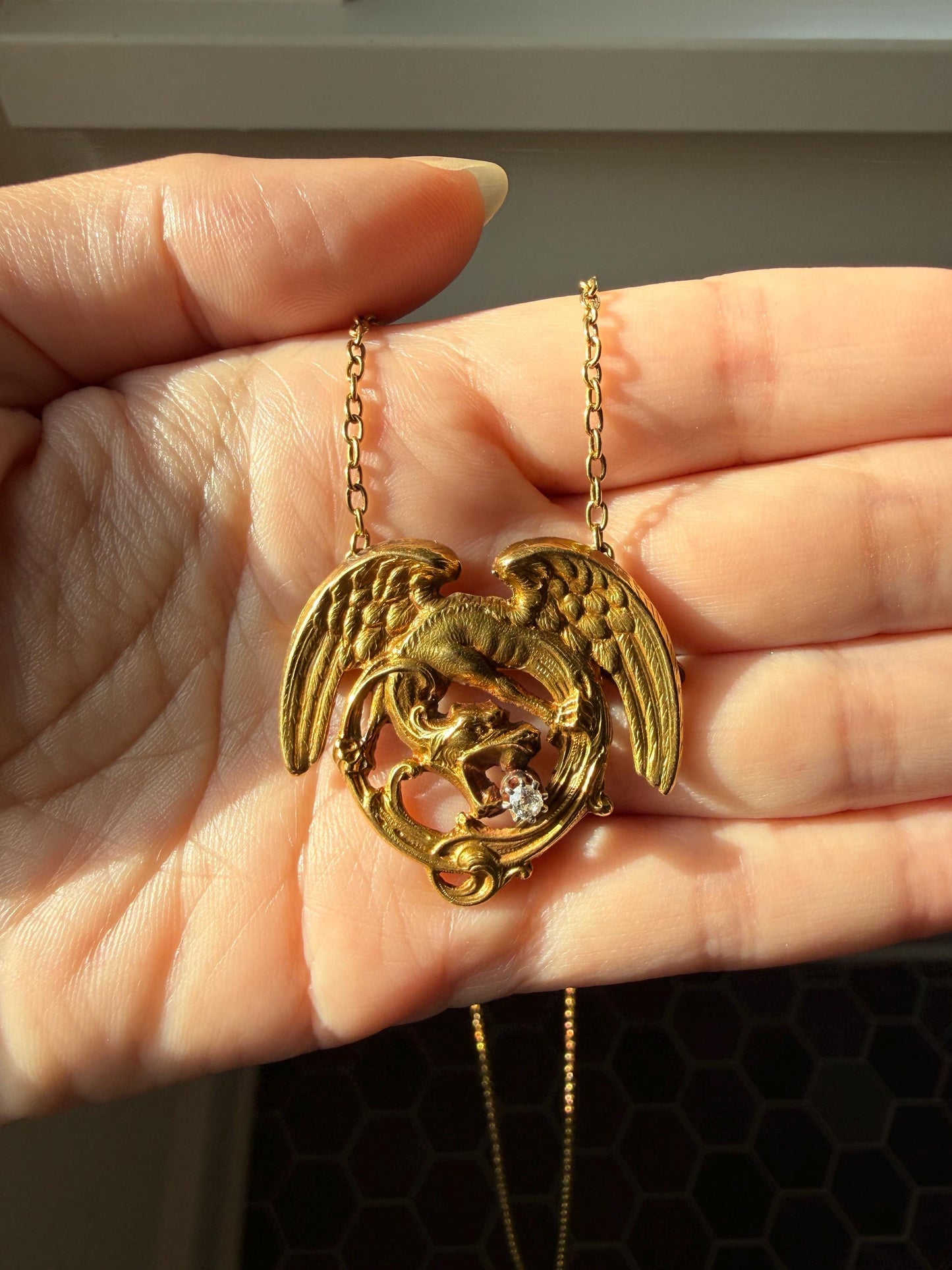 Large Antique 14g 18k Gold DRAGON Medallion Pendant on Chain Old Mine Cut Diamond Necklace Chimera Griffin French FIGURAL Belle Epoque