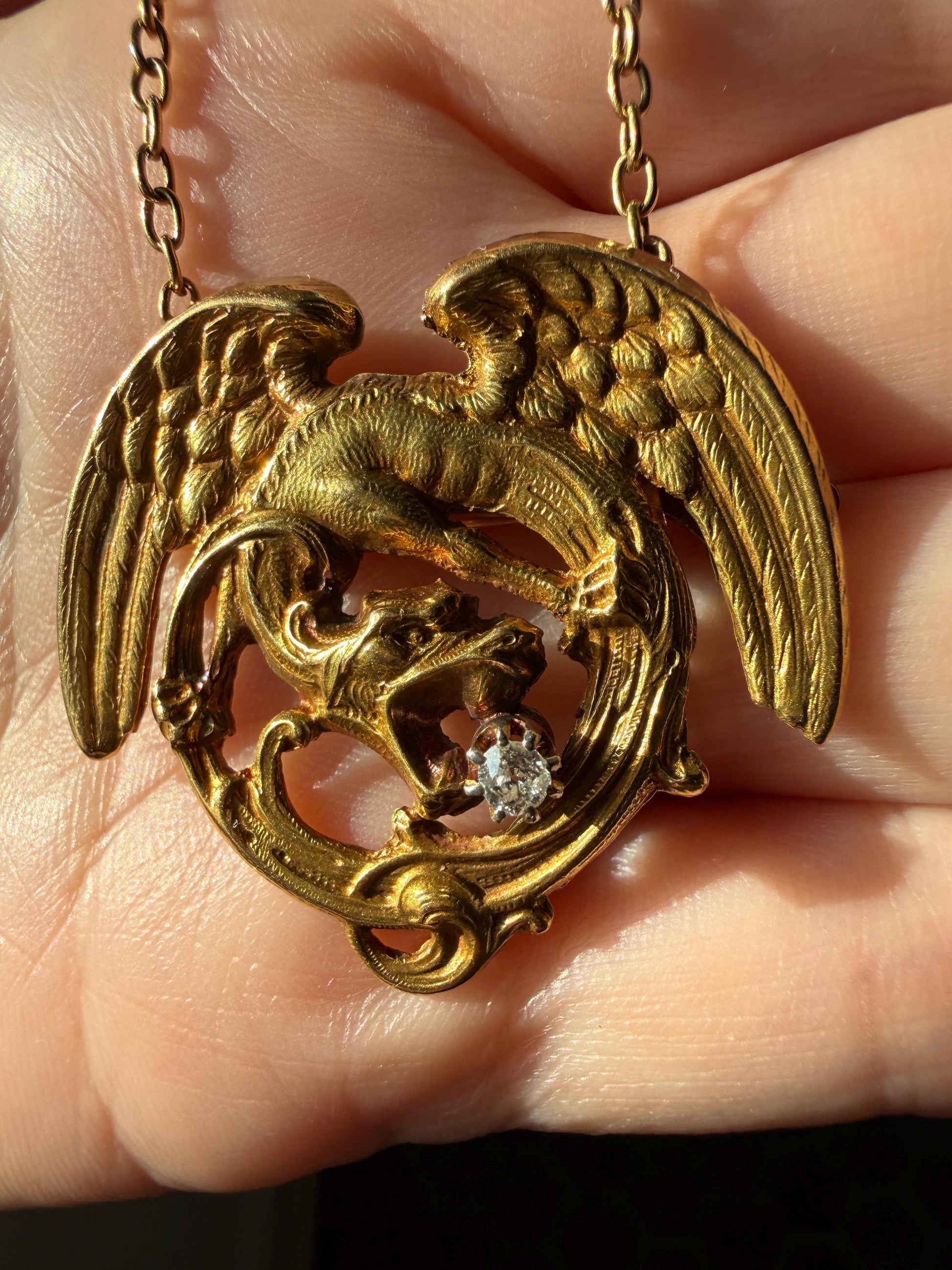 Large Antique 14g 18k Gold DRAGON Medallion Pendant on Chain Old Mine Cut Diamond Necklace Chimera Griffin French FIGURAL Belle Epoque