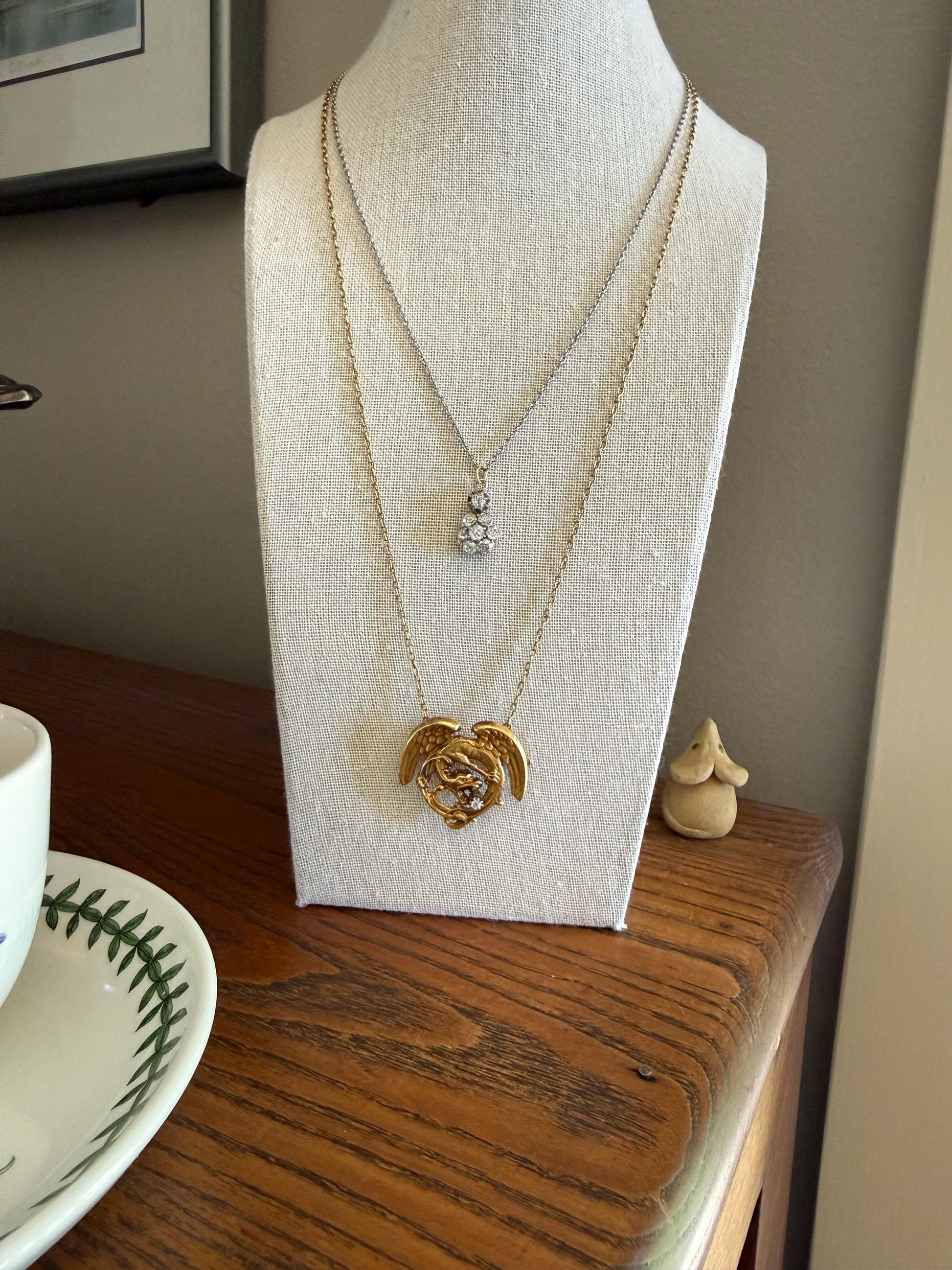 Large Antique 14g 18k Gold DRAGON Medallion Pendant on Chain Old Mine Cut Diamond Necklace Chimera Griffin French FIGURAL Belle Epoque