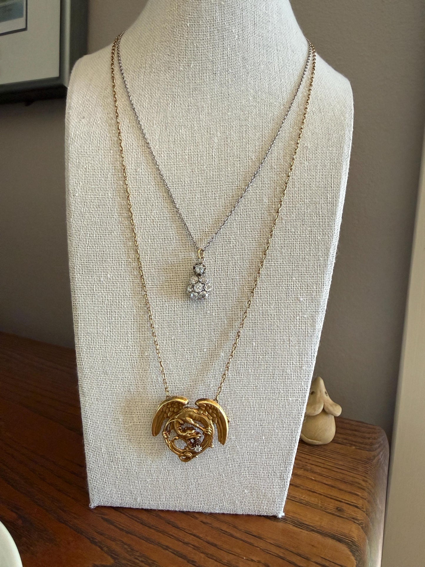 Large Antique 14g 18k Gold DRAGON Medallion Pendant on Chain Old Mine Cut Diamond Necklace Chimera Griffin French FIGURAL Belle Epoque