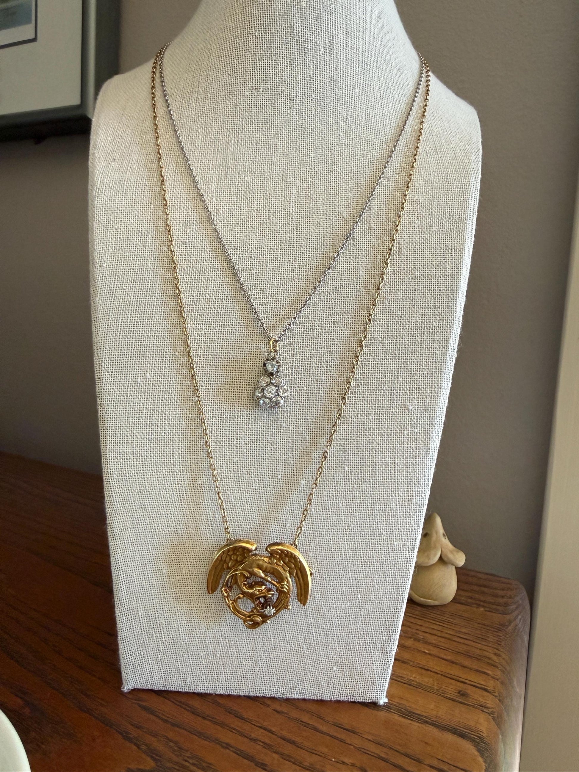 Large Antique 14g 18k Gold DRAGON Medallion Pendant on Chain Old Mine Cut Diamond Necklace Chimera Griffin French FIGURAL Belle Epoque
