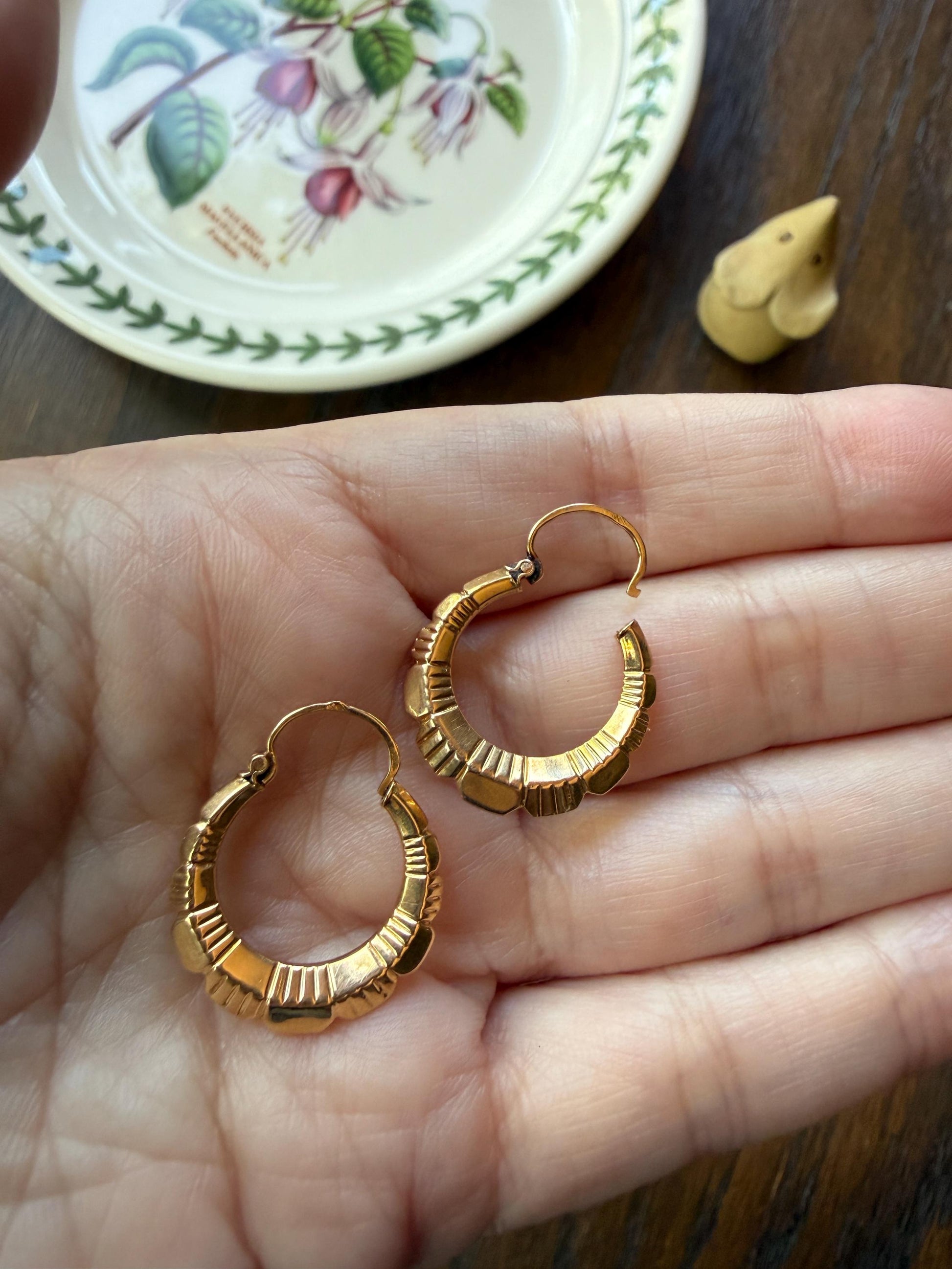 French Vintage CREOLE Hoop EARRINGS 18k Gold Dangle Linear Beveled Shimmering Gypsy Earstack