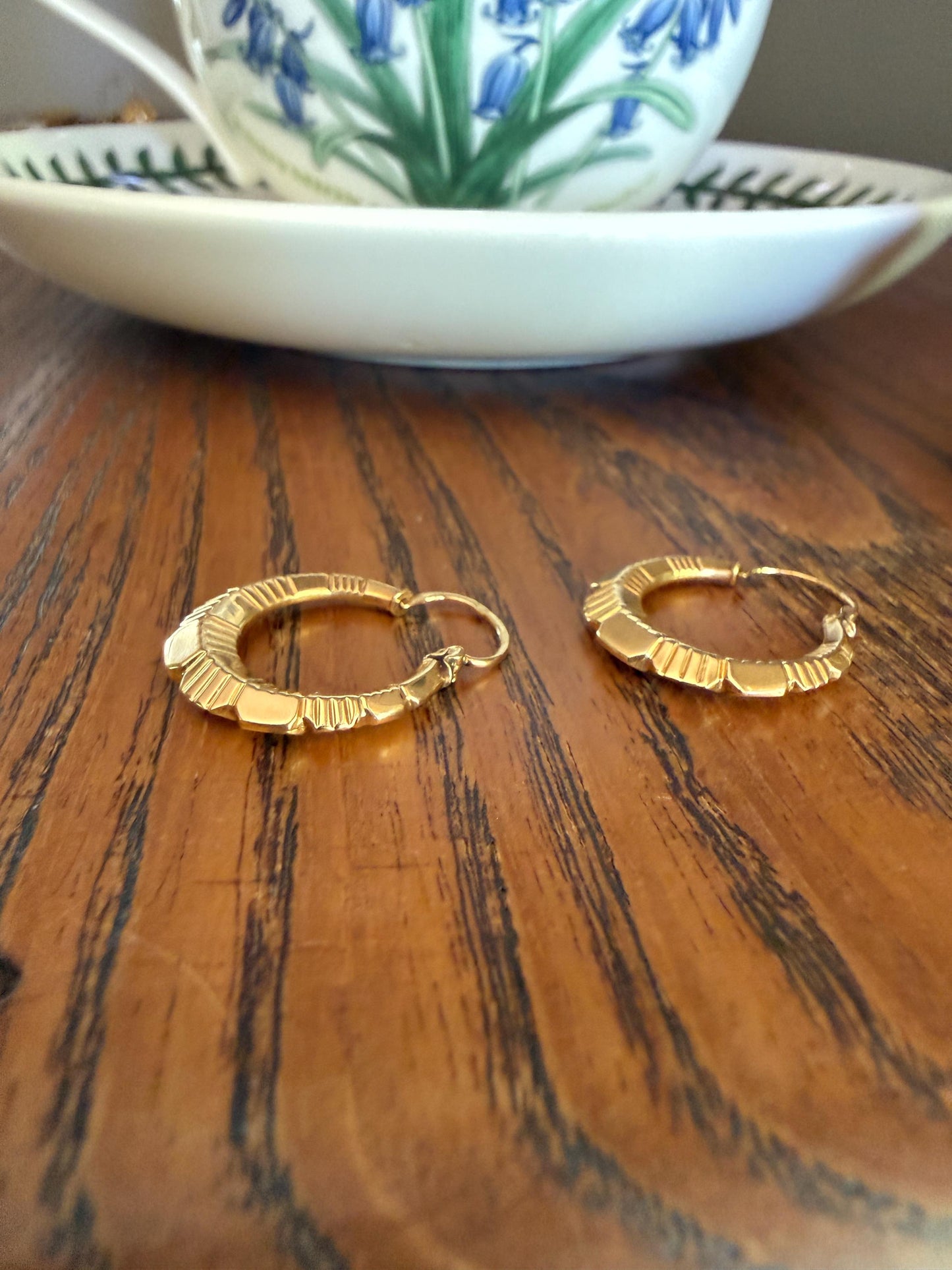 French Vintage CREOLE Hoop EARRINGS 18k Gold Dangle Linear Beveled Shimmering Gypsy Earstack