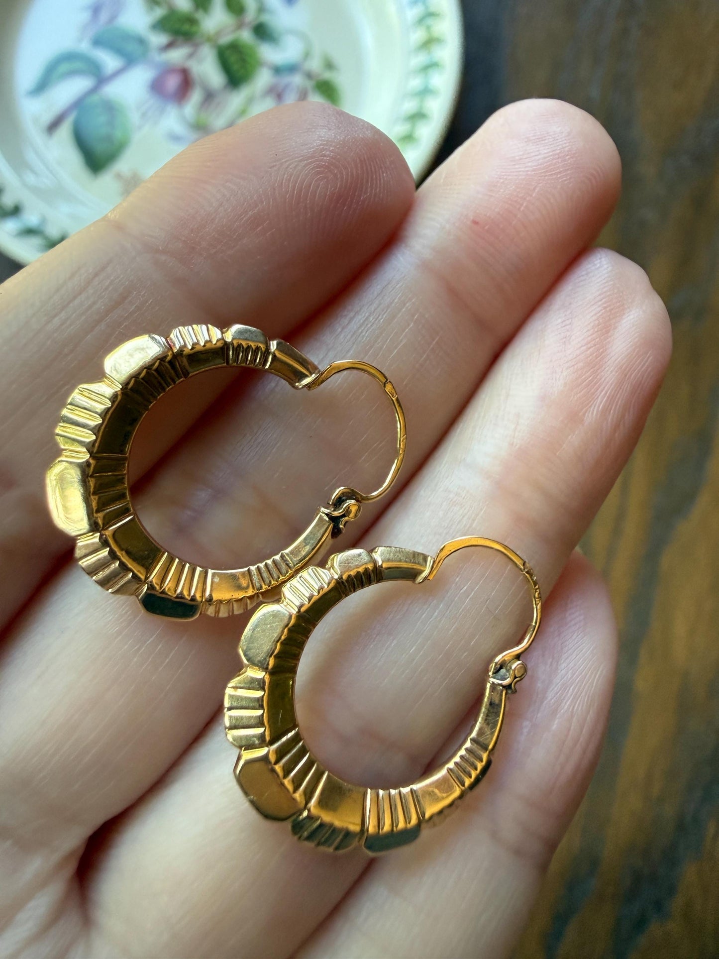 French Vintage CREOLE Hoop EARRINGS 18k Gold Dangle Linear Beveled Shimmering Gypsy Earstack