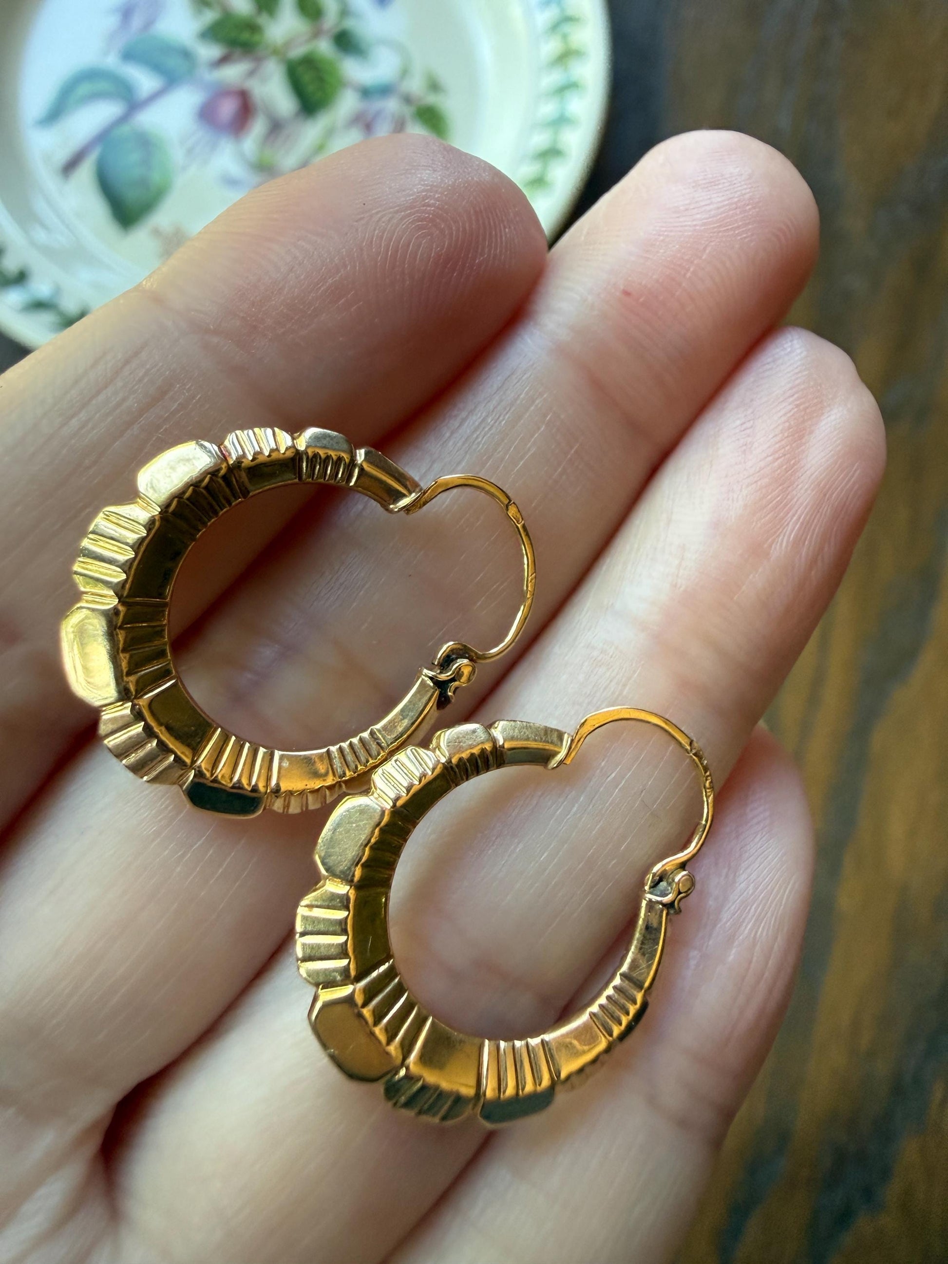 French Vintage CREOLE Hoop EARRINGS 18k Gold Dangle Linear Beveled Shimmering Gypsy Earstack