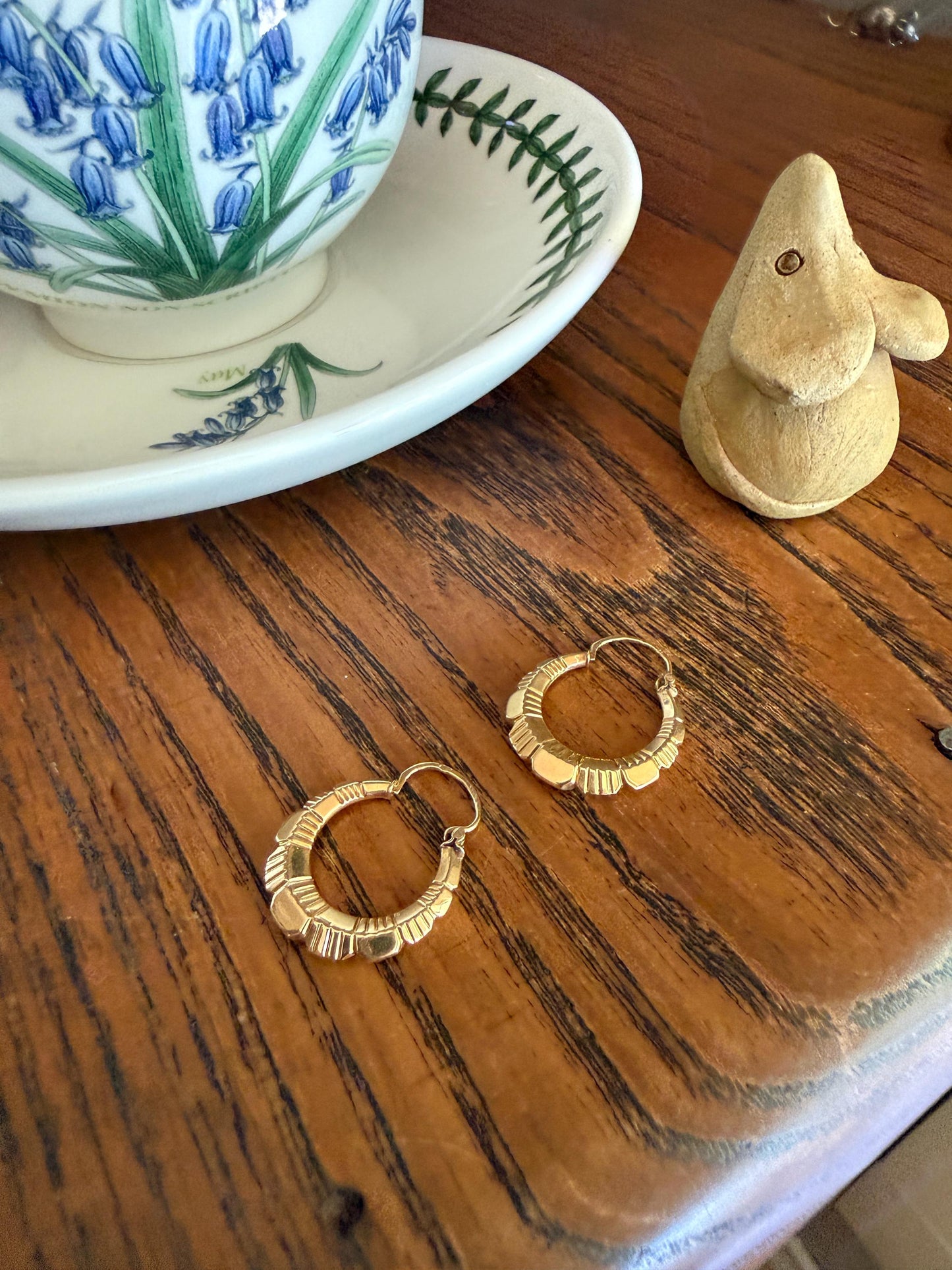 French Vintage CREOLE Hoop EARRINGS 18k Gold Dangle Linear Beveled Shimmering Gypsy Earstack