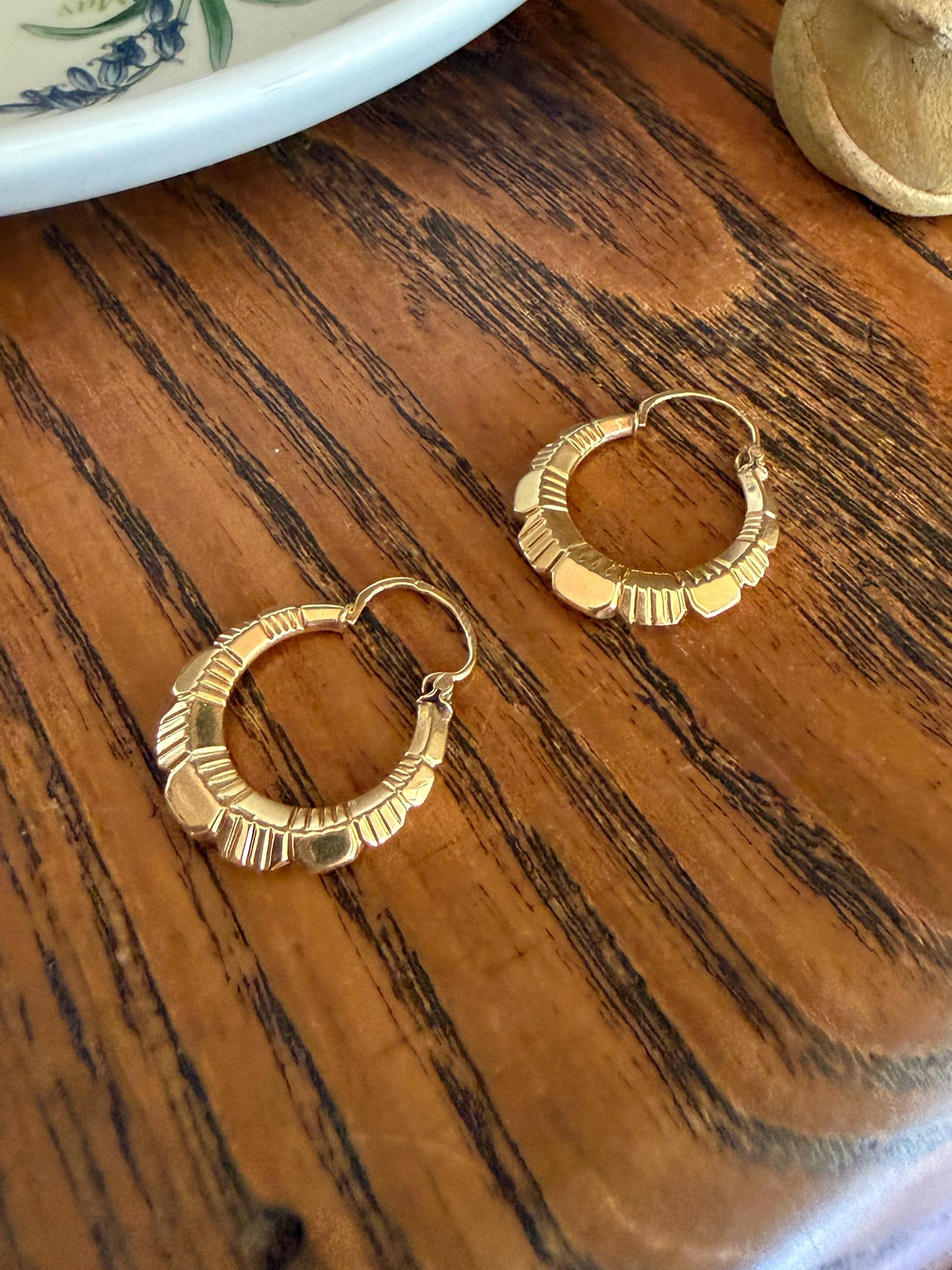 French Vintage CREOLE Hoop EARRINGS 18k Gold Dangle Linear Beveled Shimmering Gypsy Earstack