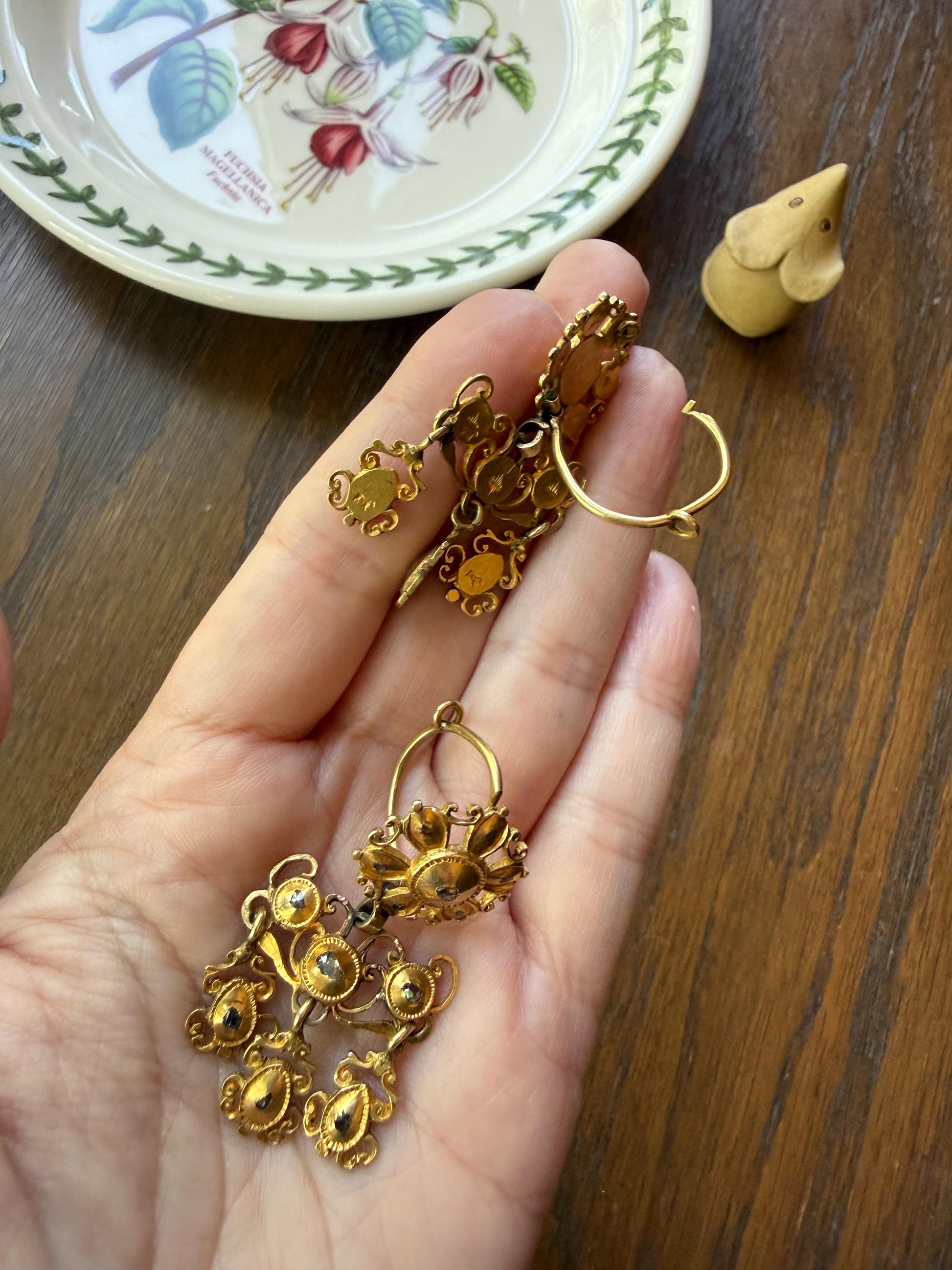 Heavy ANTIQUE Iberian Pendeloque Earrings Natural Rose Cut Diamond 20g 18k Gold Georgian era Chandelier Traditional Dangle Hand Made Baroque