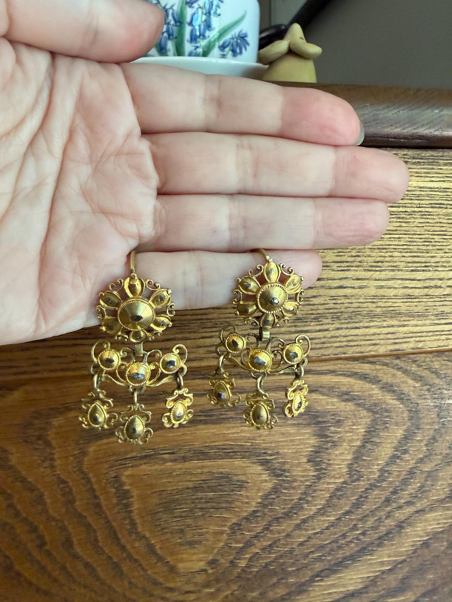 Heavy ANTIQUE Iberian Pendeloque Earrings Natural Rose Cut Diamond 20g 18k Gold Georgian era Chandelier Traditional Dangle Hand Made Baroque