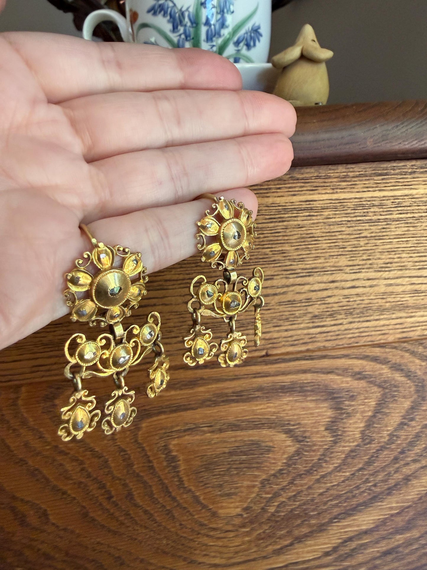 Heavy ANTIQUE Iberian Pendeloque Earrings Natural Rose Cut Diamond 20g 18k Gold Georgian era Chandelier Traditional Dangle Hand Made Baroque