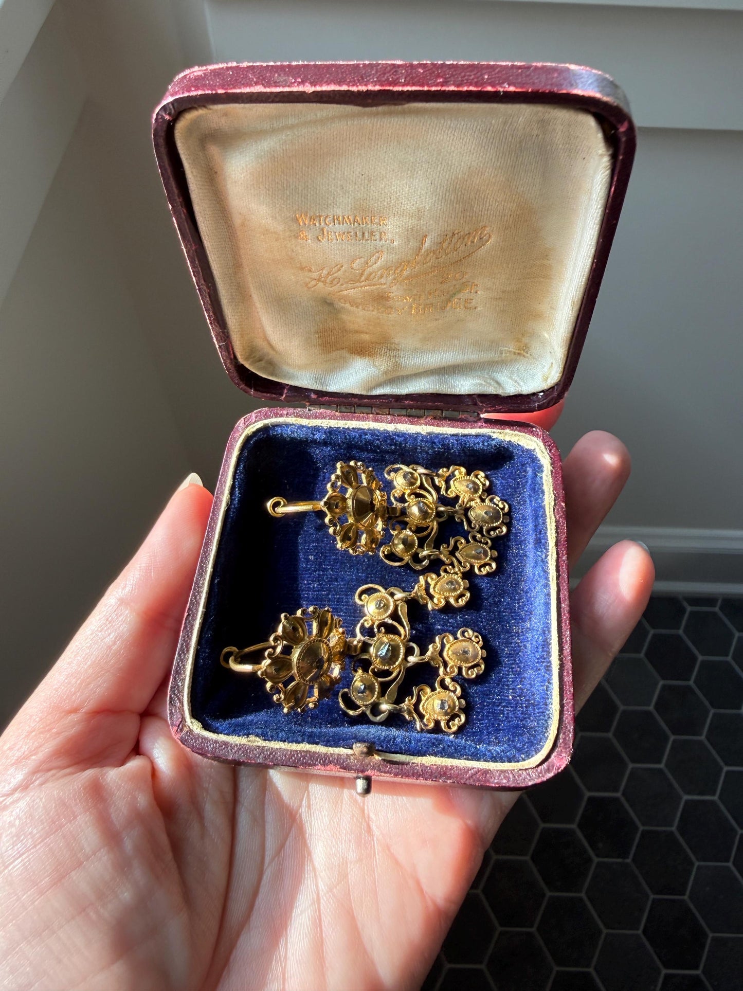 Heavy ANTIQUE Iberian Pendeloque Earrings Natural Rose Cut Diamond 20g 18k Gold Georgian era Chandelier Traditional Dangle Hand Made Baroque