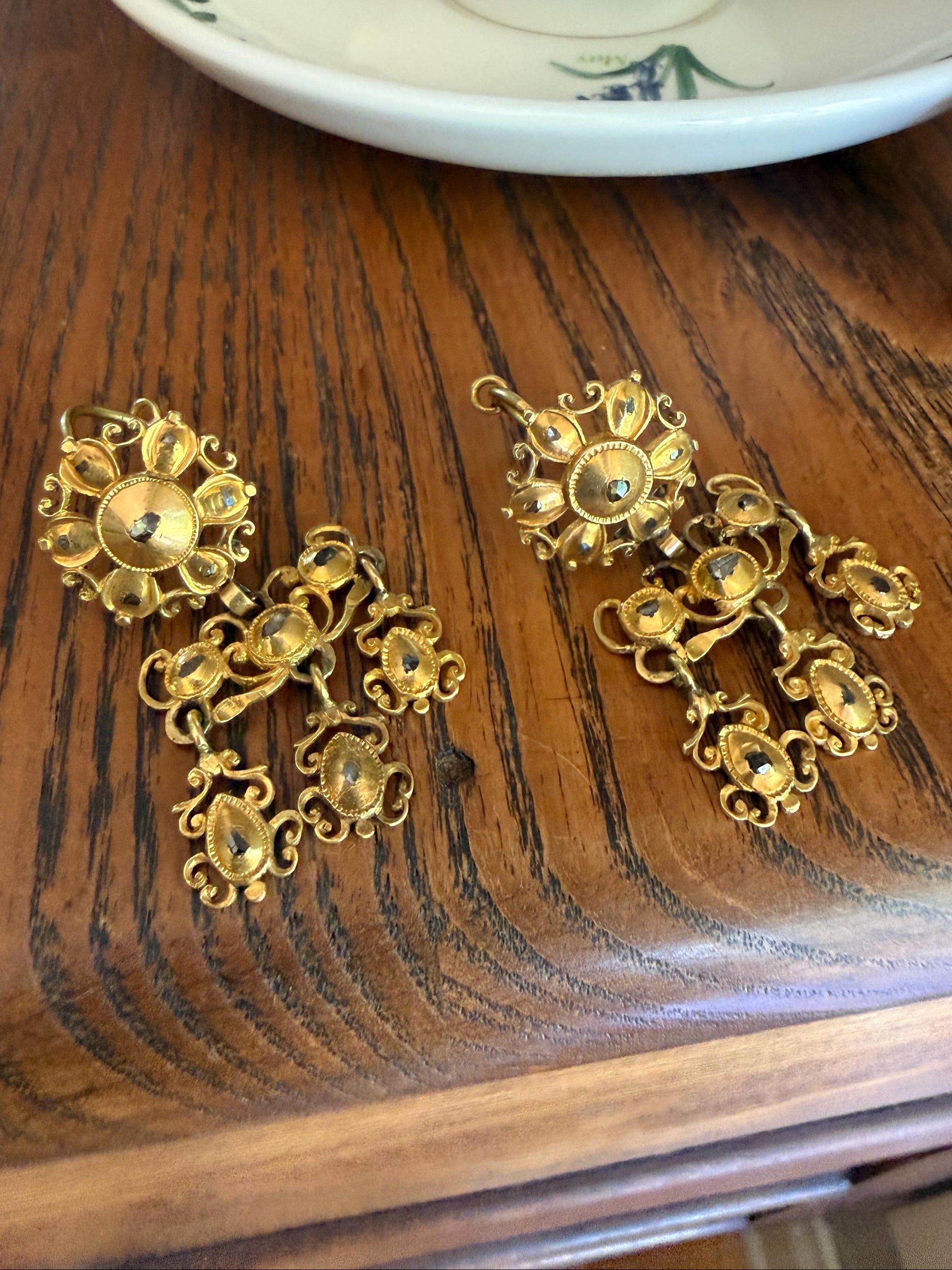 Heavy ANTIQUE Iberian Pendeloque Earrings Natural Rose Cut Diamond 20g 18k Gold Georgian era Chandelier Traditional Dangle Hand Made Baroque
