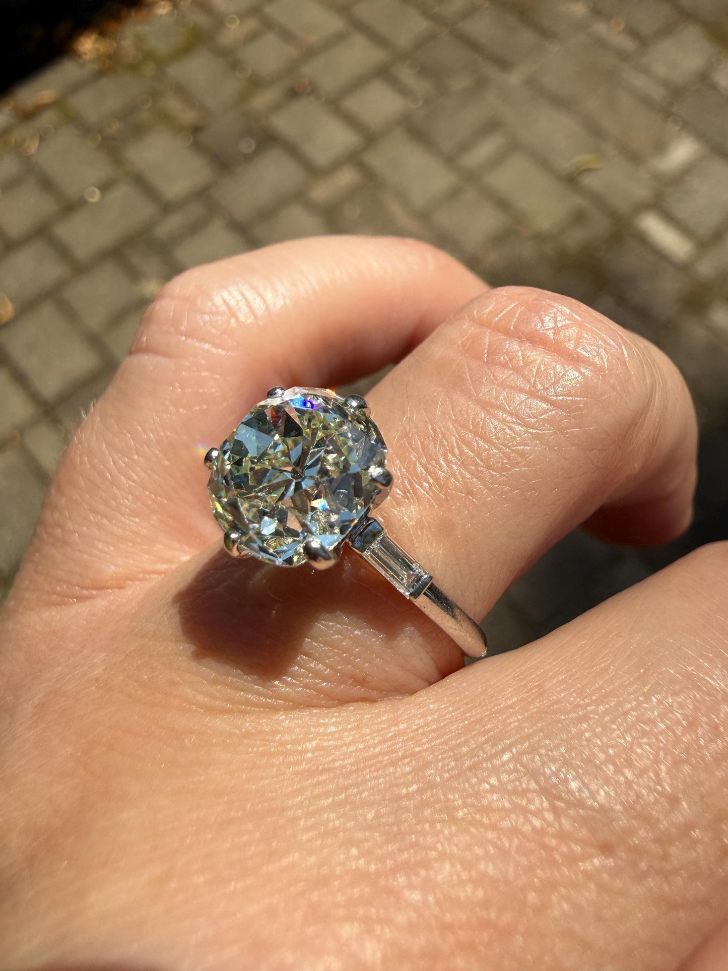 Chunky Vintage Four Carat Eye Clean Old Mine Cut Diamond Solitaire Engagement Ring French 18k White Gold Platinum Art Deco Baguette Tall OMC