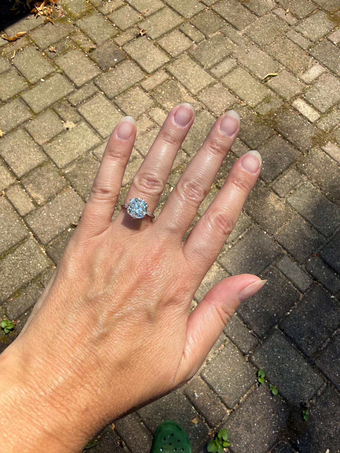 Chunky Vintage Four Carat Eye Clean Old Mine Cut Diamond Solitaire Engagement Ring French 18k White Gold Platinum Art Deco Baguette Tall OMC
