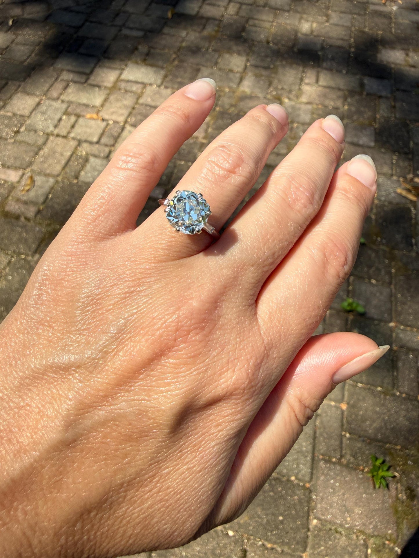 Chunky Vintage Four Carat Eye Clean Old Mine Cut Diamond Solitaire Engagement Ring French 18k White Gold Platinum Art Deco Baguette Tall OMC
