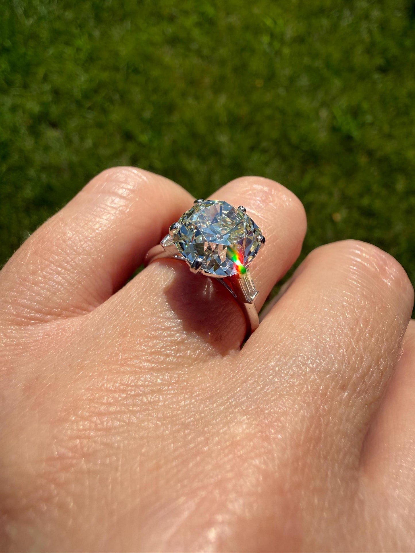 Chunky Vintage Four Carat Eye Clean Old Mine Cut Diamond Solitaire Engagement Ring French 18k White Gold Platinum Art Deco Baguette Tall OMC