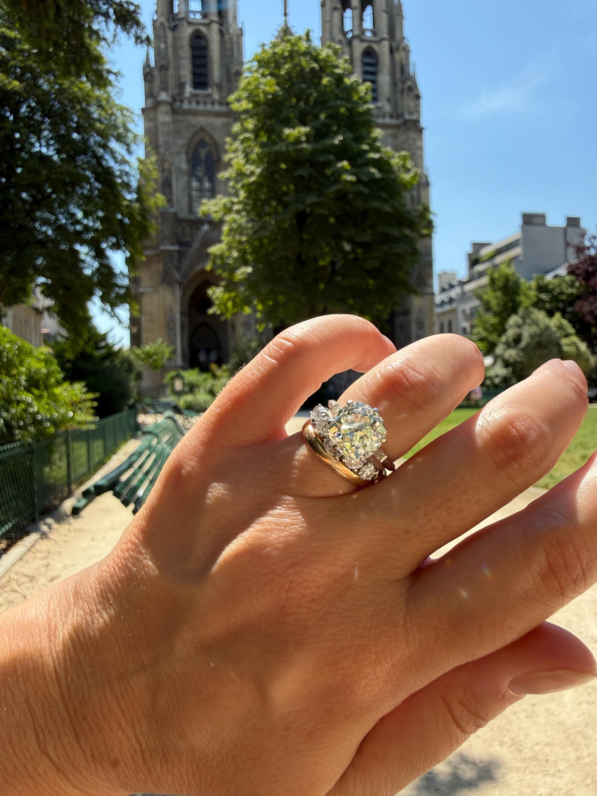 Chunky Vintage Four Carat Eye Clean Old Mine Cut Diamond Solitaire Engagement Ring French 18k White Gold Platinum Art Deco Baguette Tall OMC