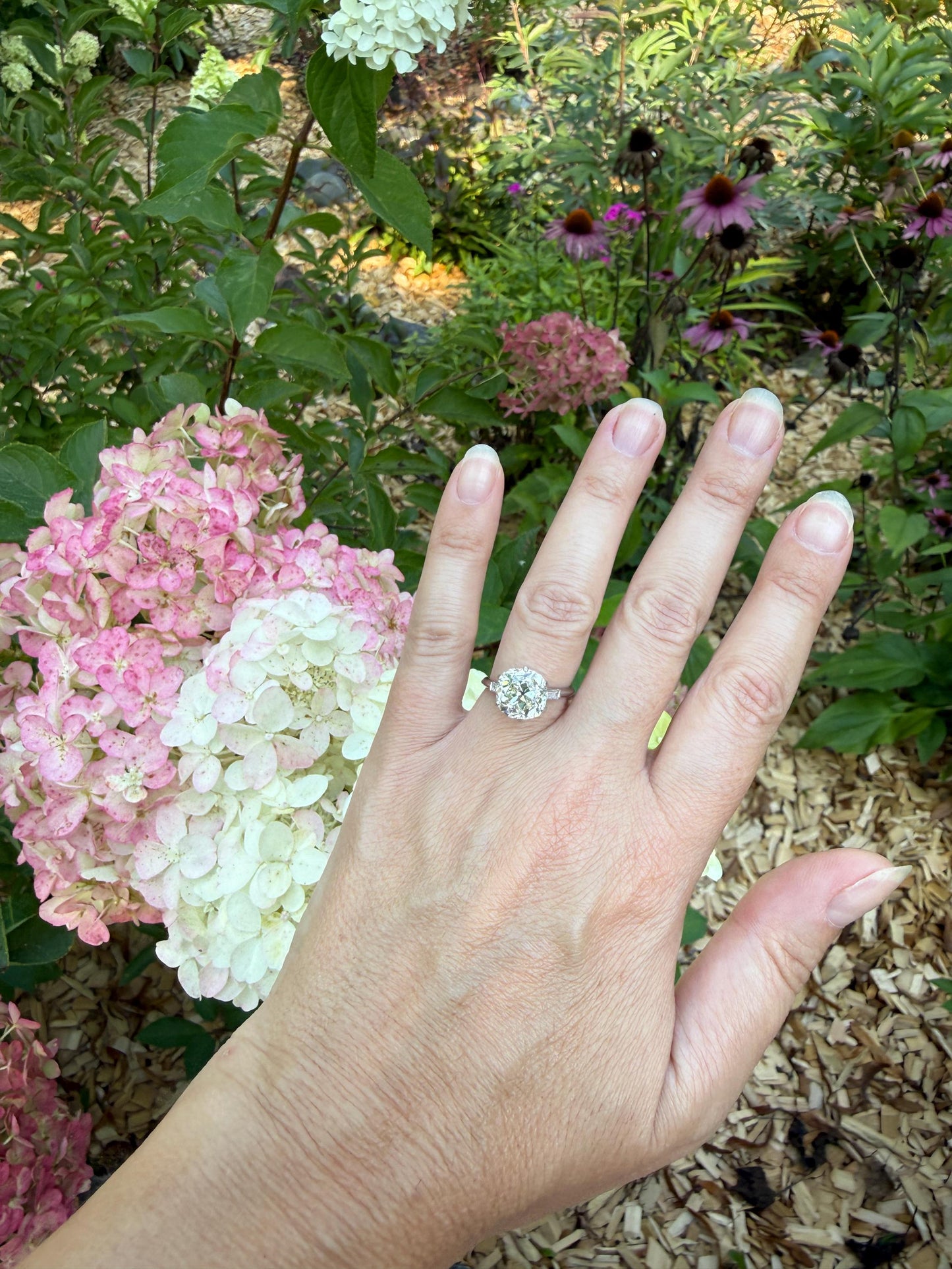 Chunky Vintage Four Carat Eye Clean Old Mine Cut Diamond Solitaire Engagement Ring French 18k White Gold Platinum Art Deco Baguette Tall OMC