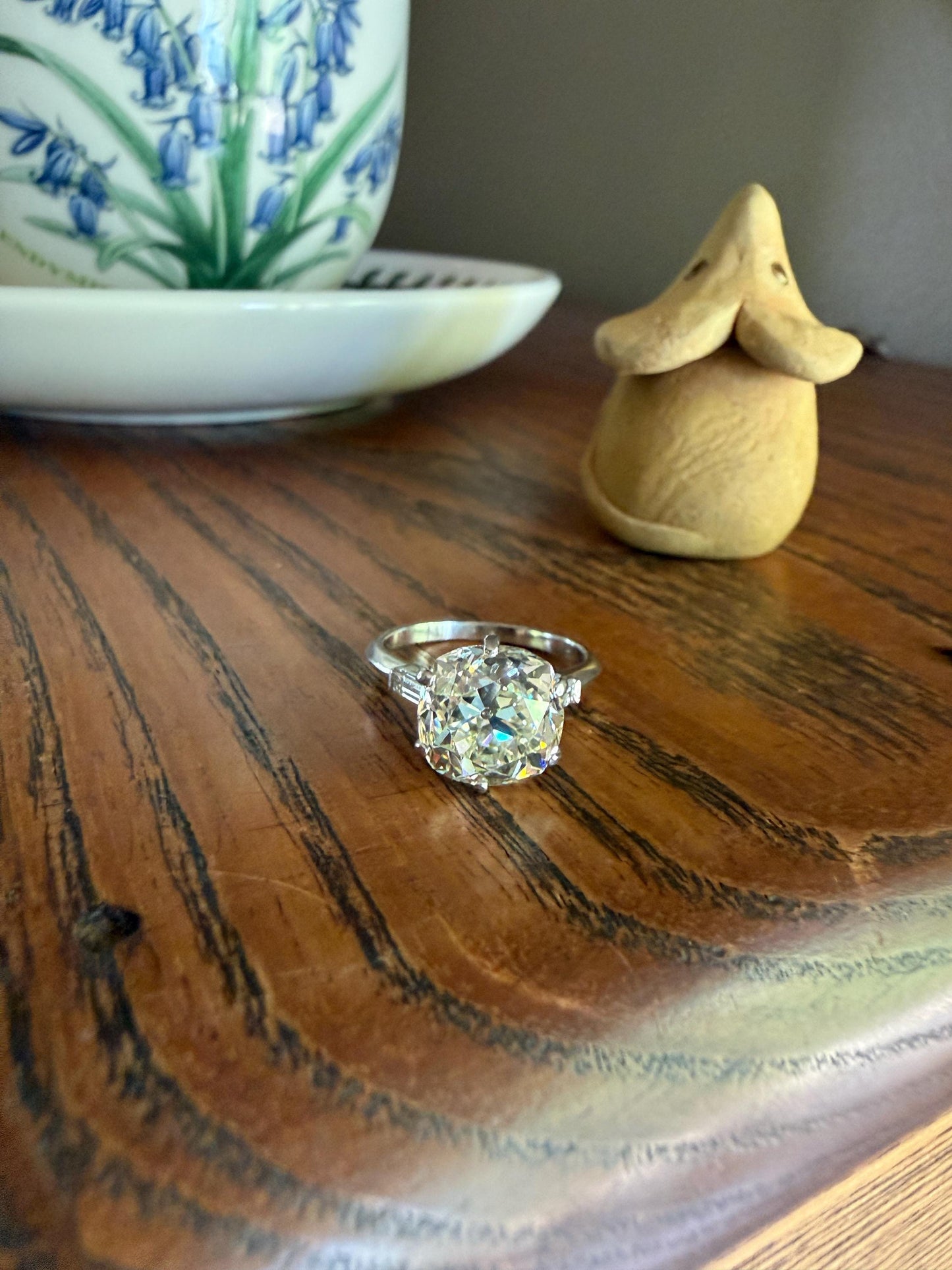 Chunky Vintage Four Carat Eye Clean Old Mine Cut Diamond Solitaire Engagement Ring French 18k White Gold Platinum Art Deco Baguette Tall OMC