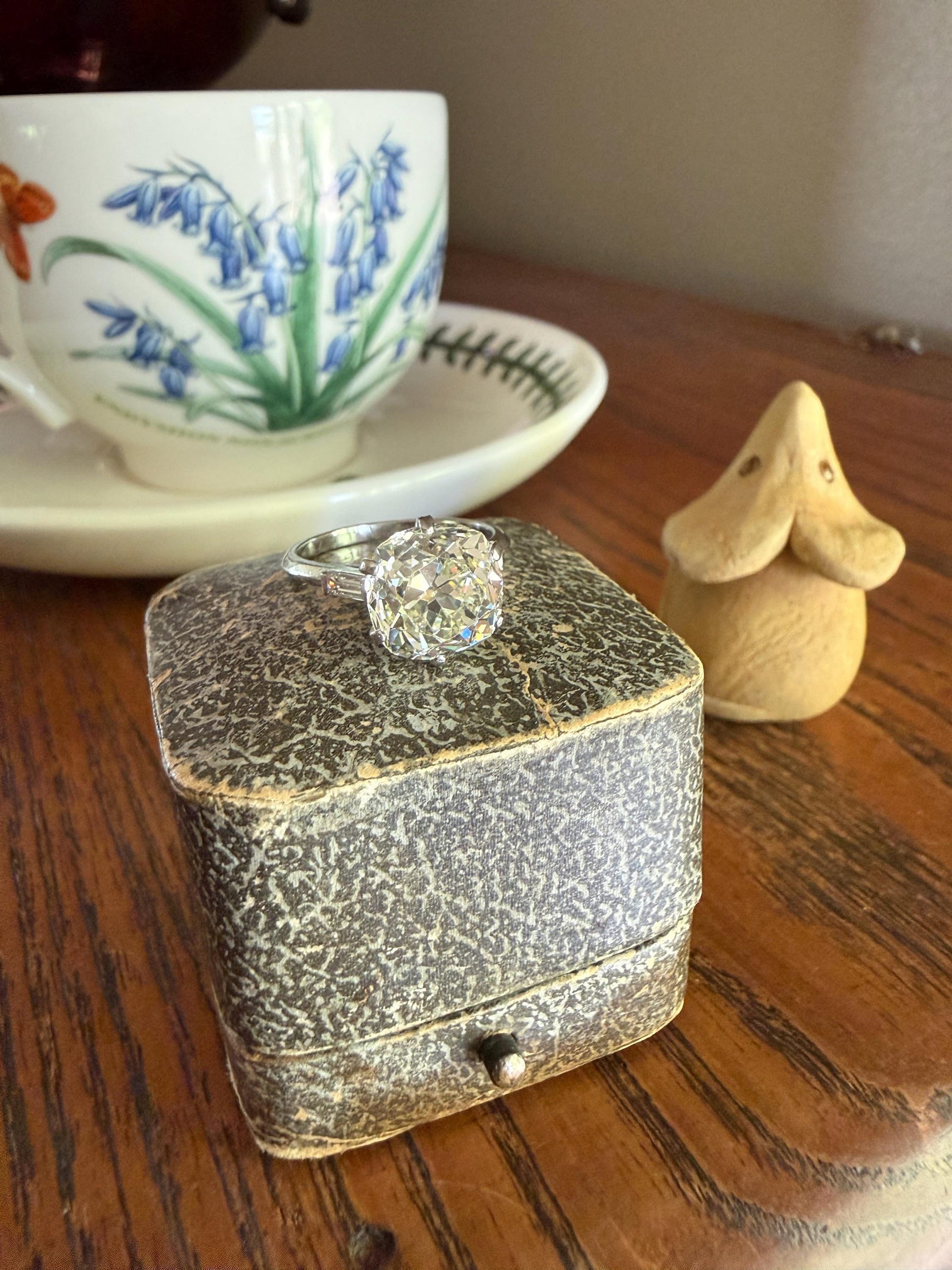 Chunky Vintage Four Carat Eye Clean Old Mine Cut Diamond Solitaire Engagement Ring French 18k White Gold Platinum Art Deco Baguette Tall OMC