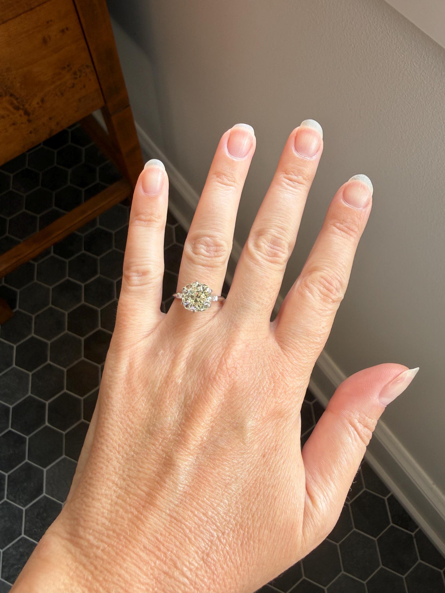 Chunky Vintage Four Carat Eye Clean Old Mine Cut Diamond Solitaire Engagement Ring French 18k White Gold Platinum Art Deco Baguette Tall OMC