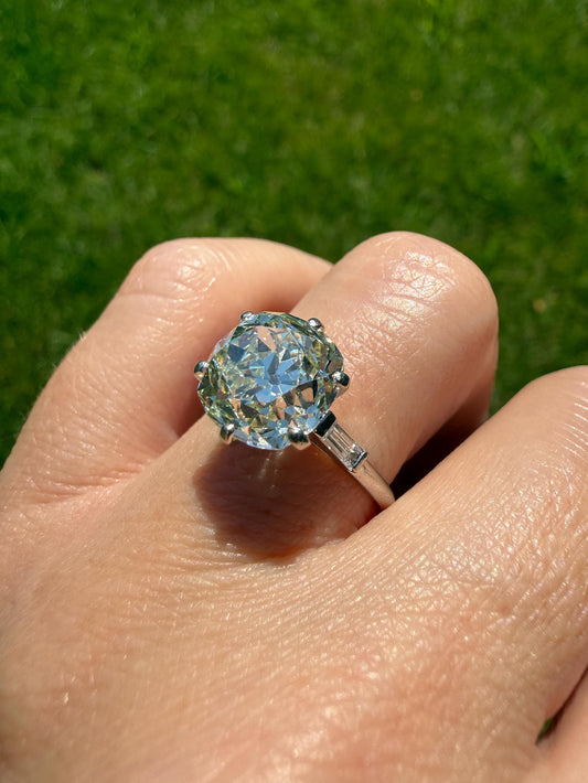 Chunky Vintage Four Carat Eye Clean Old Mine Cut Diamond Solitaire Engagement Ring French 18k White Gold Platinum Art Deco Baguette Tall OMC
