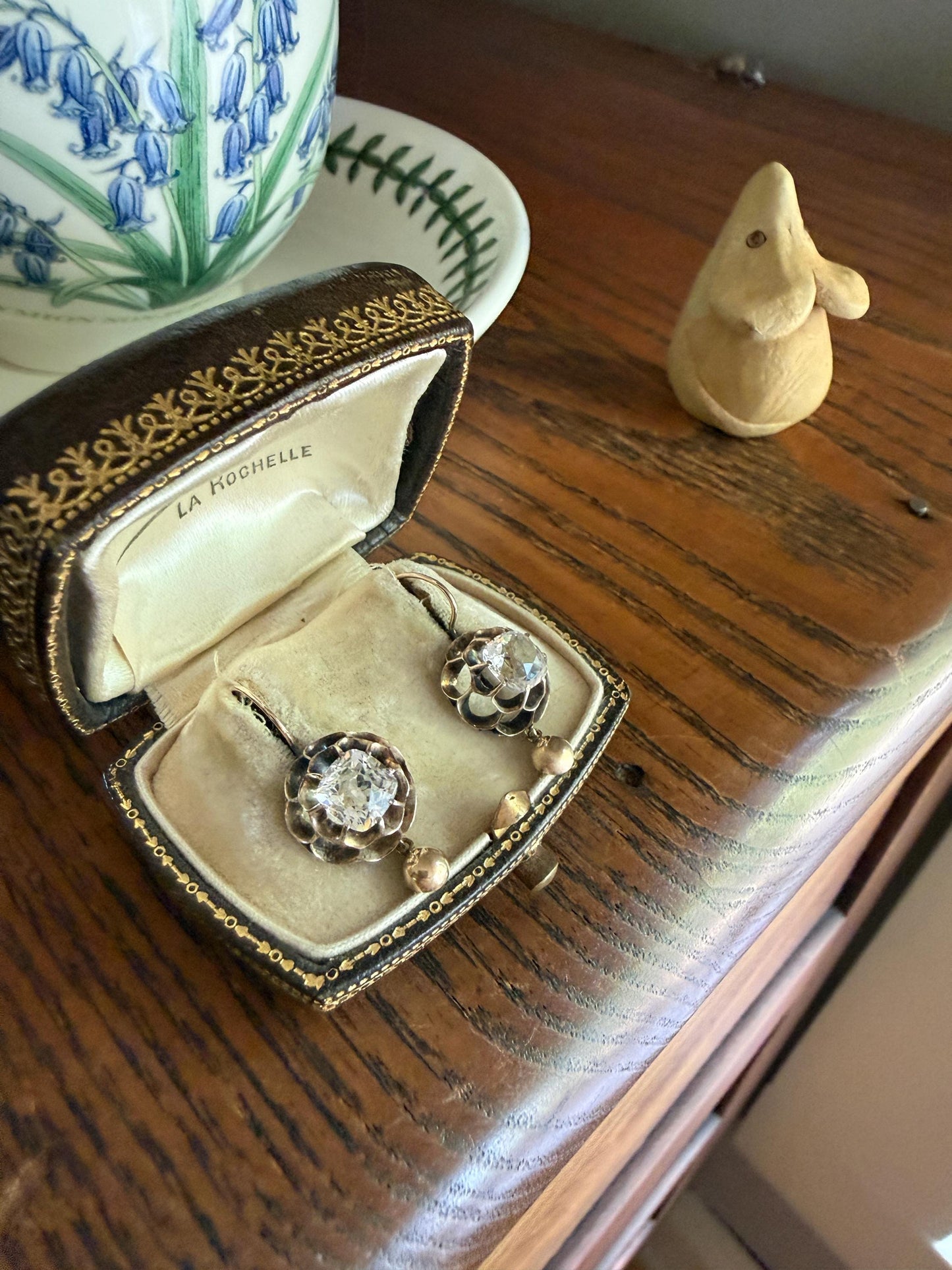 Victorian Large 2.8 Carats Total Antique Dangle Earrings Super Chunky Clear White Old " Mine " Cushion Cut Paste 10k Gold 2.8ctw