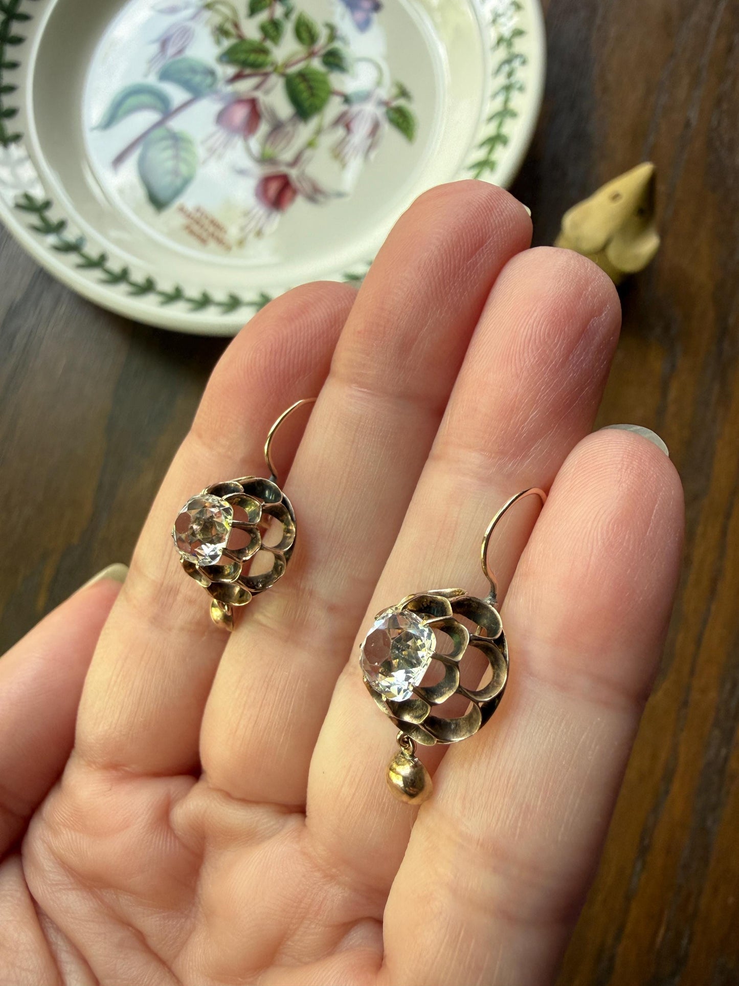 Victorian Large 2.8 Carats Total Antique Dangle Earrings Super Chunky Clear White Old " Mine " Cushion Cut Paste 10k Gold 2.8ctw