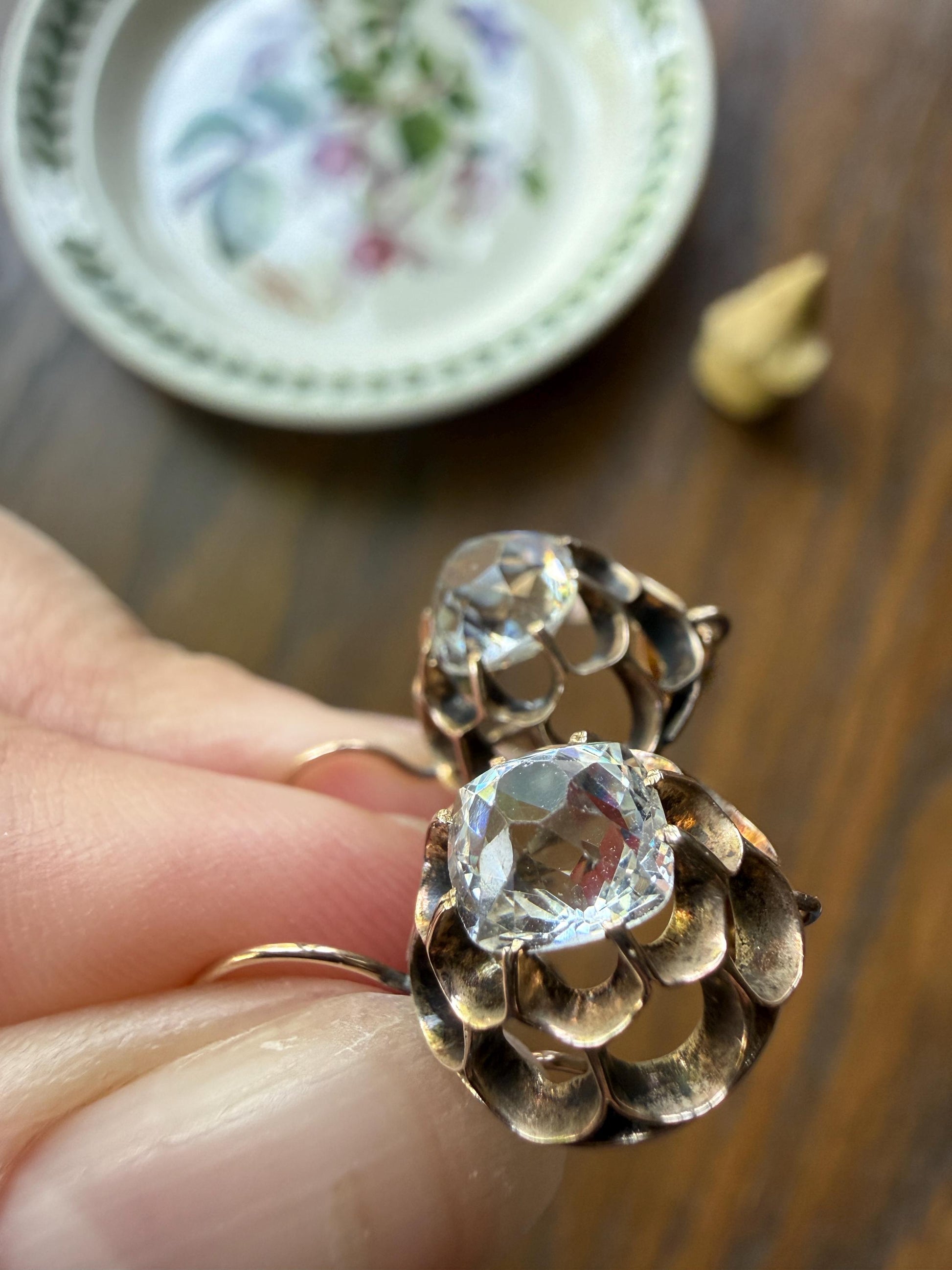 Victorian Large 2.8 Carats Total Antique Dangle Earrings Super Chunky Clear White Old " Mine " Cushion Cut Paste 10k Gold 2.8ctw