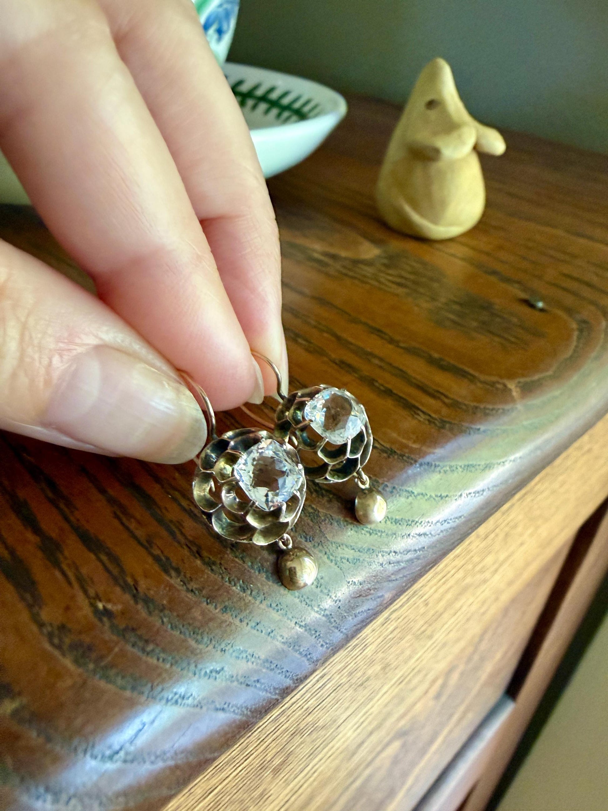 Victorian Large 2.8 Carats Total Antique Dangle Earrings Super Chunky Clear White Old " Mine " Cushion Cut Paste 10k Gold 2.8ctw