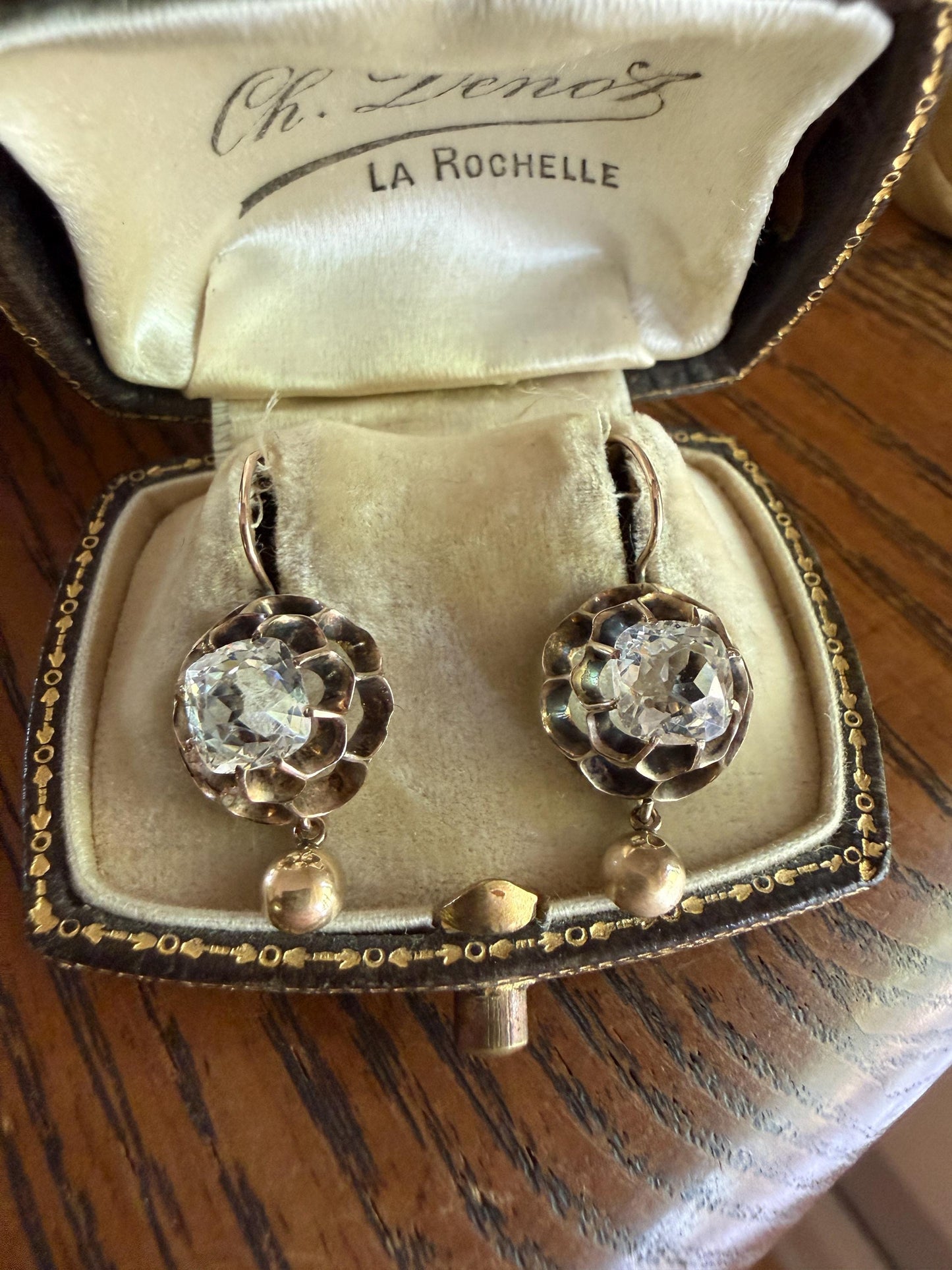 Victorian Large 2.8 Carats Total Antique Dangle Earrings Super Chunky Clear White Old " Mine " Cushion Cut Paste 10k Gold 2.8ctw