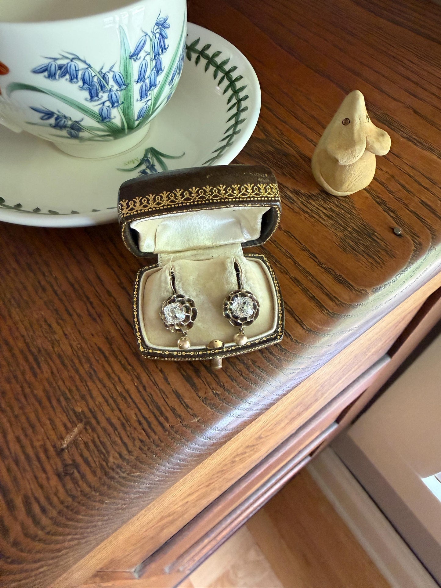 Victorian Large 2.8 Carats Total Antique Dangle Earrings Super Chunky Clear White Old " Mine " Cushion Cut Paste 10k Gold 2.8ctw