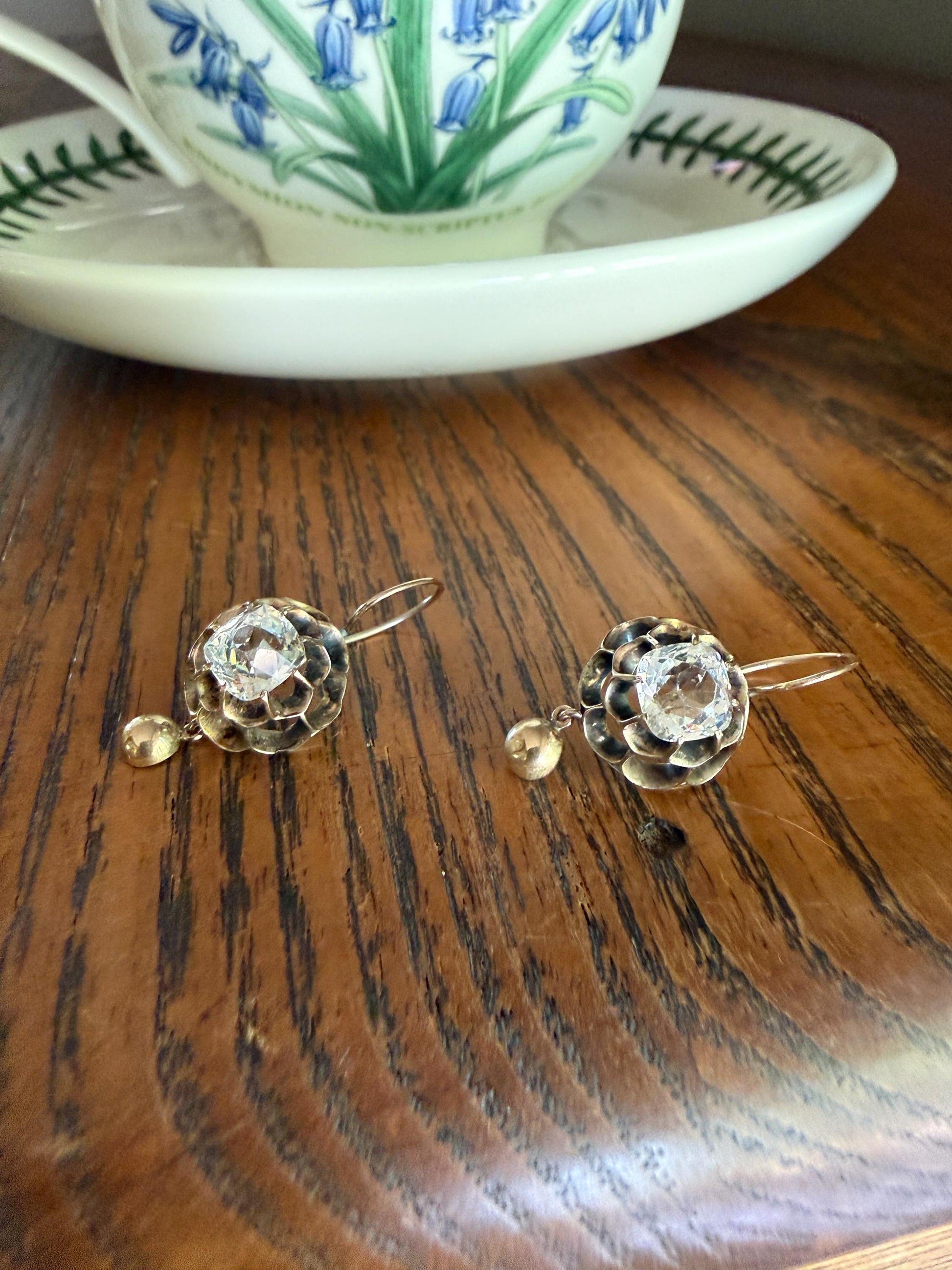 Victorian Large 2.8 Carats Total Antique Dangle Earrings Super Chunky Clear White Old " Mine " Cushion Cut Paste 10k Gold 2.8ctw