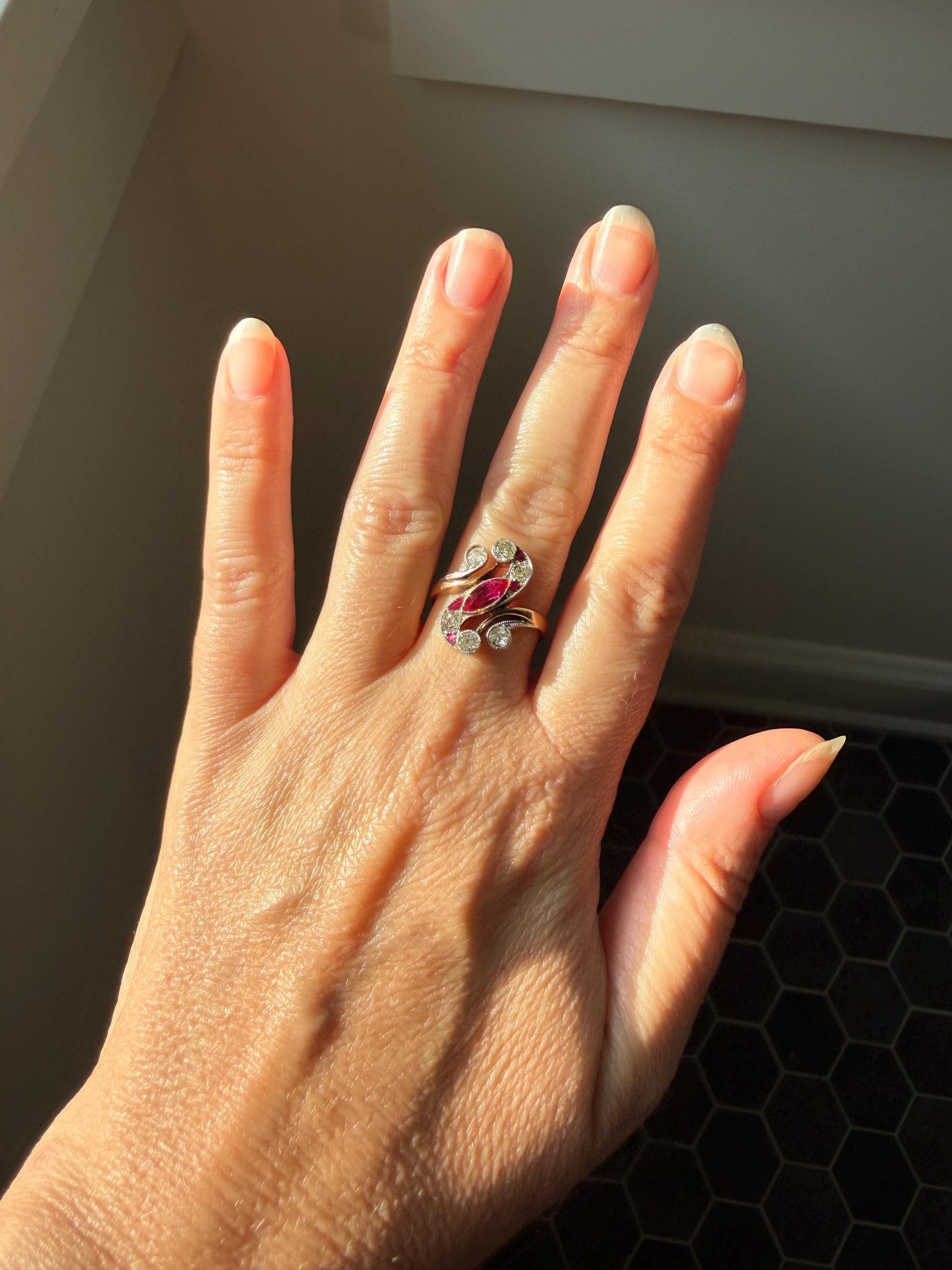Unique Antique Ruby Old Mine Cut Diamond Swirl Ring 18k Gold Platinum Bezel Set Pink Fuchsia Color Sparkle Figural Stacker Marquise Navette