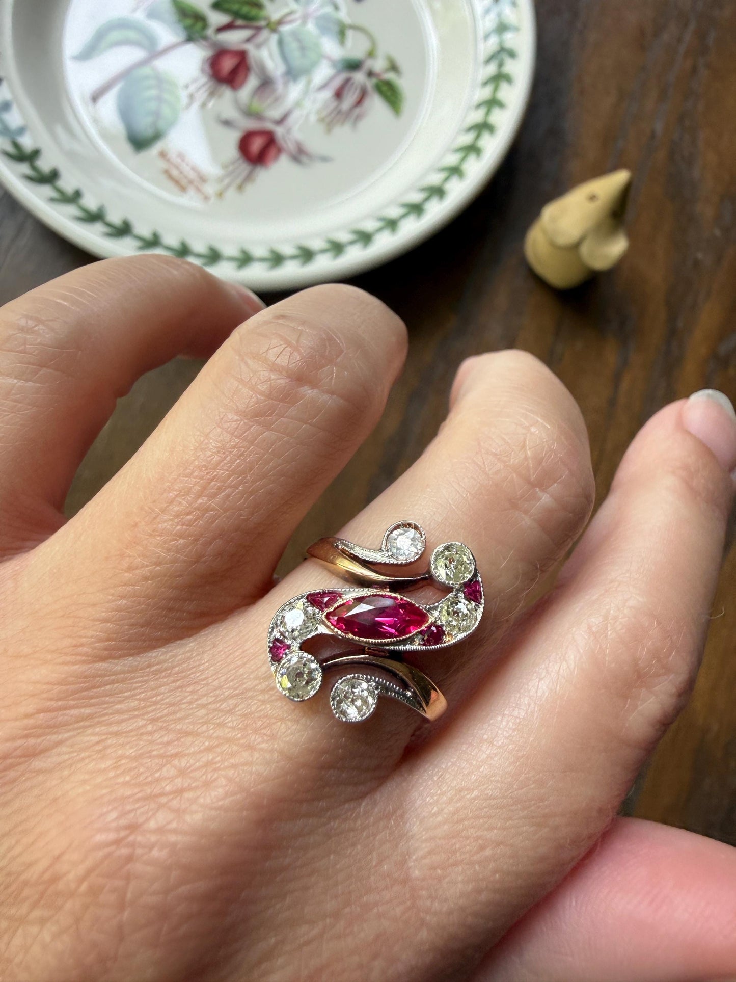 Unique Antique Ruby Old Mine Cut Diamond Swirl Ring 18k Gold Platinum Bezel Set Pink Fuchsia Color Sparkle Figural Stacker Marquise Navette