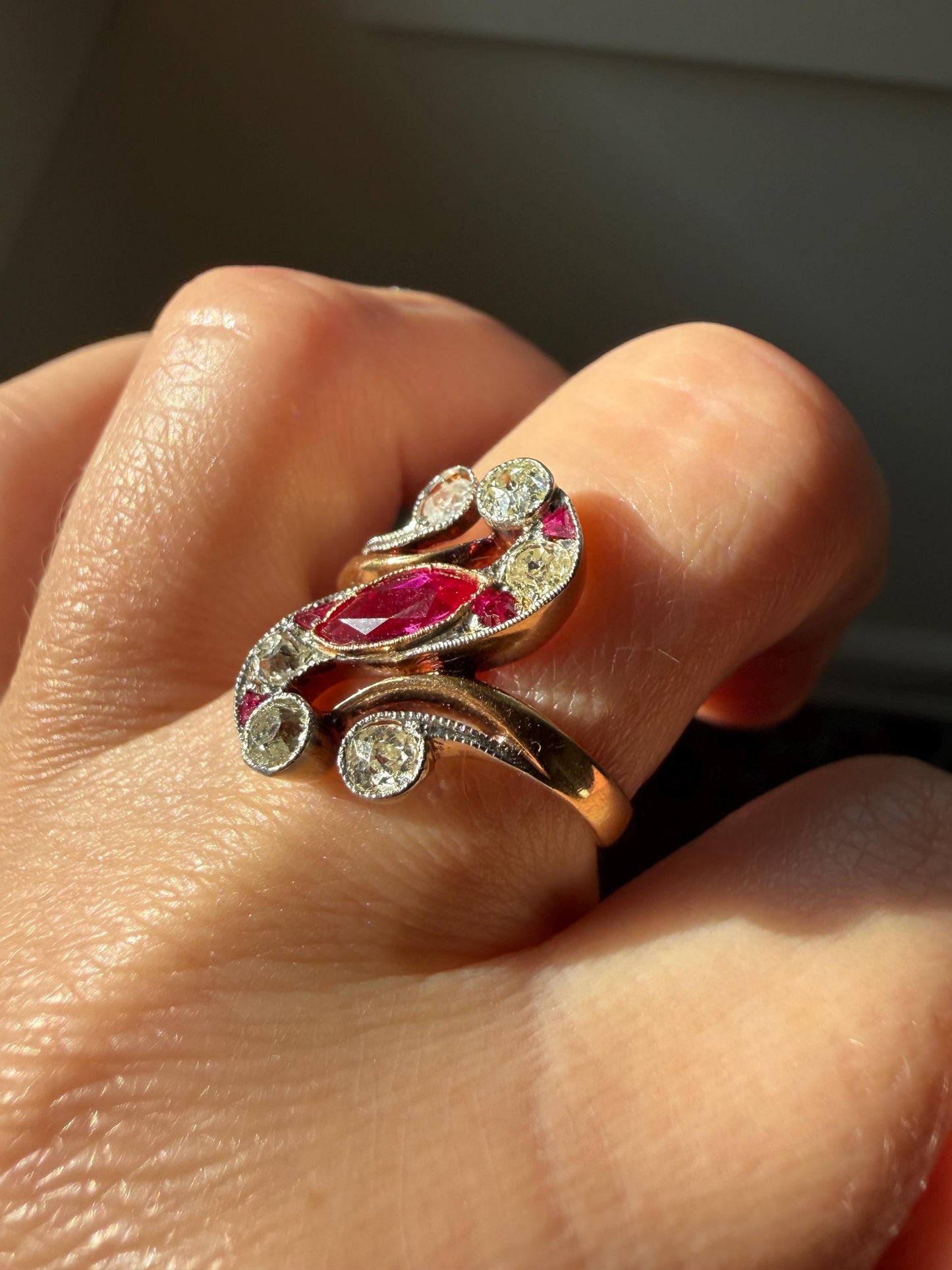 Unique Antique Ruby Old Mine Cut Diamond Swirl Ring 18k Gold Platinum Bezel Set Pink Fuchsia Color Sparkle Figural Stacker Marquise Navette