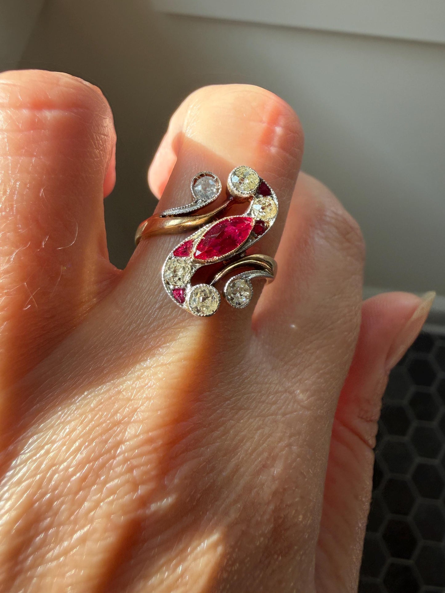 Unique Antique Ruby Old Mine Cut Diamond Swirl Ring 18k Gold Platinum Bezel Set Pink Fuchsia Color Sparkle Figural Stacker Marquise Navette