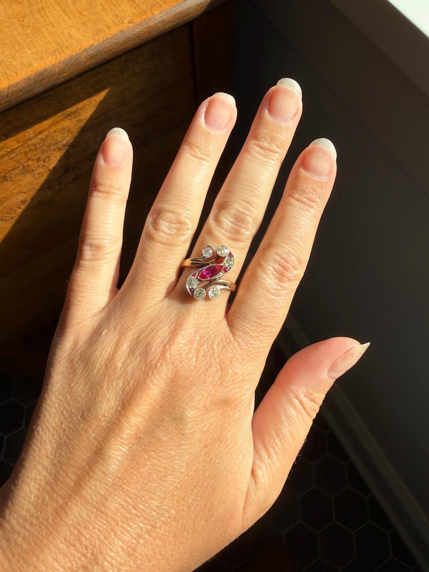 Unique Antique Ruby Old Mine Cut Diamond Swirl Ring 18k Gold Platinum Bezel Set Pink Fuchsia Color Sparkle Figural Stacker Marquise Navette