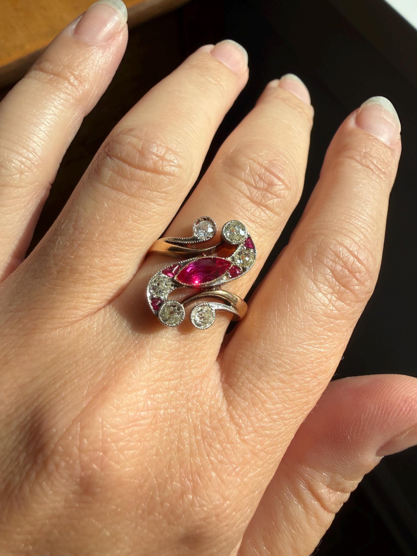 Unique Antique Ruby Old Mine Cut Diamond Swirl Ring 18k Gold Platinum Bezel Set Pink Fuchsia Color Sparkle Figural Stacker Marquise Navette