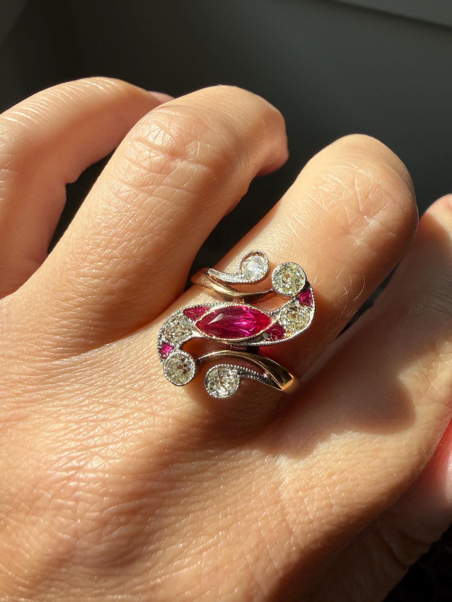 Unique Antique Ruby Old Mine Cut Diamond Swirl Ring 18k Gold Platinum Bezel Set Pink Fuchsia Color Sparkle Figural Stacker Marquise Navette