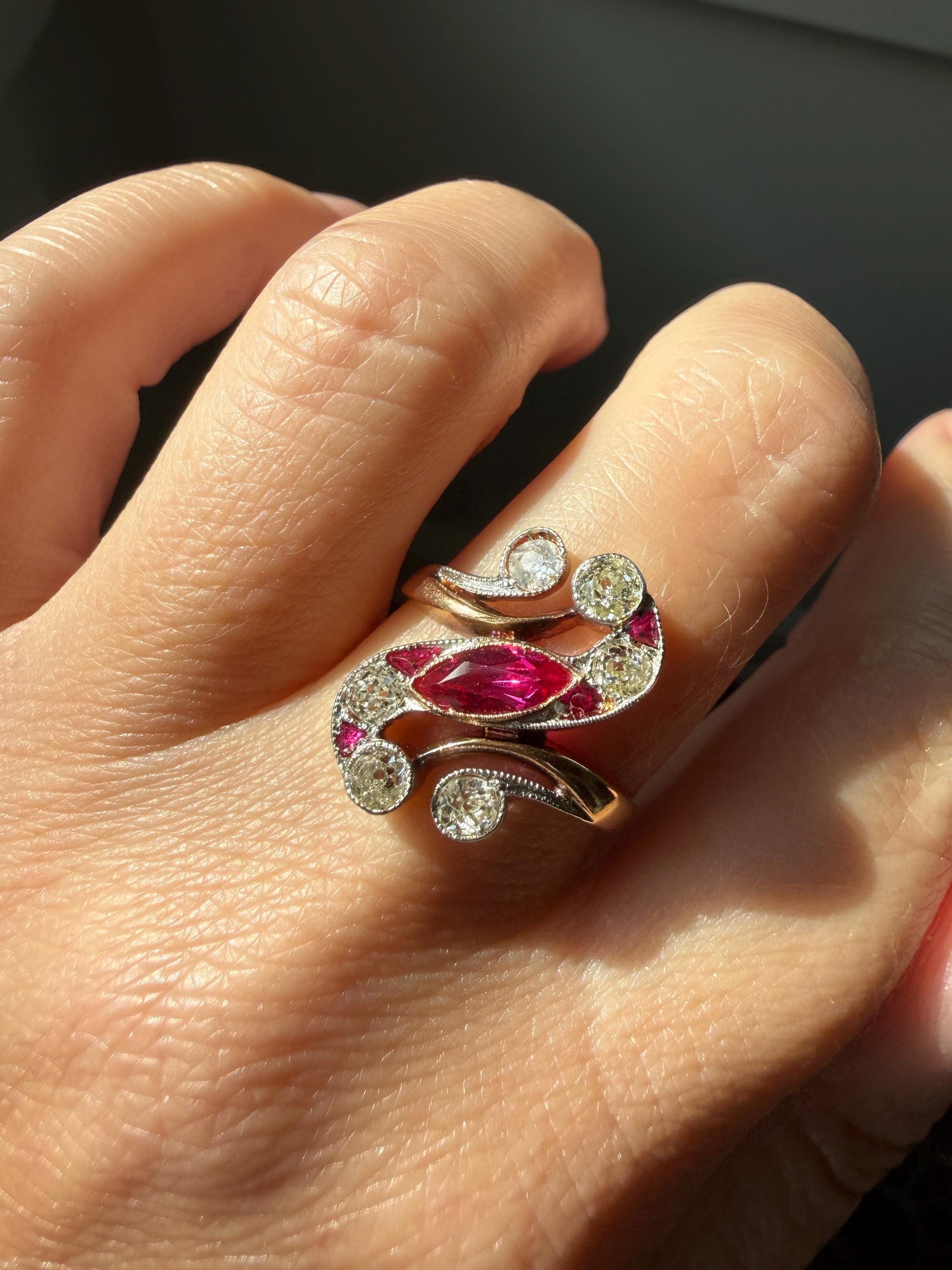 Unique Antique Ruby Old Mine Cut Diamond Swirl Ring 18k Gold Platinum Bezel Set Pink Fuchsia Color Sparkle Figural Stacker Marquise Navette