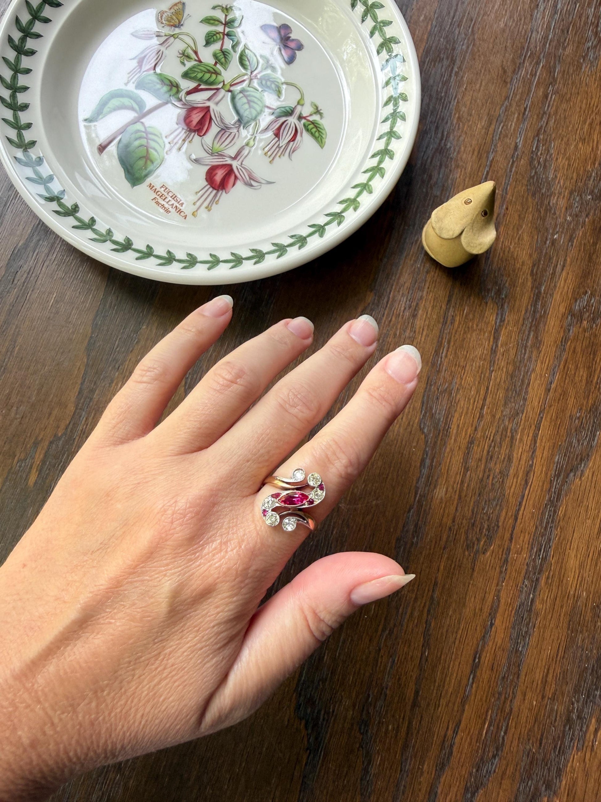 Unique Antique Ruby Old Mine Cut Diamond Swirl Ring 18k Gold Platinum Bezel Set Pink Fuchsia Color Sparkle Figural Stacker Marquise Navette