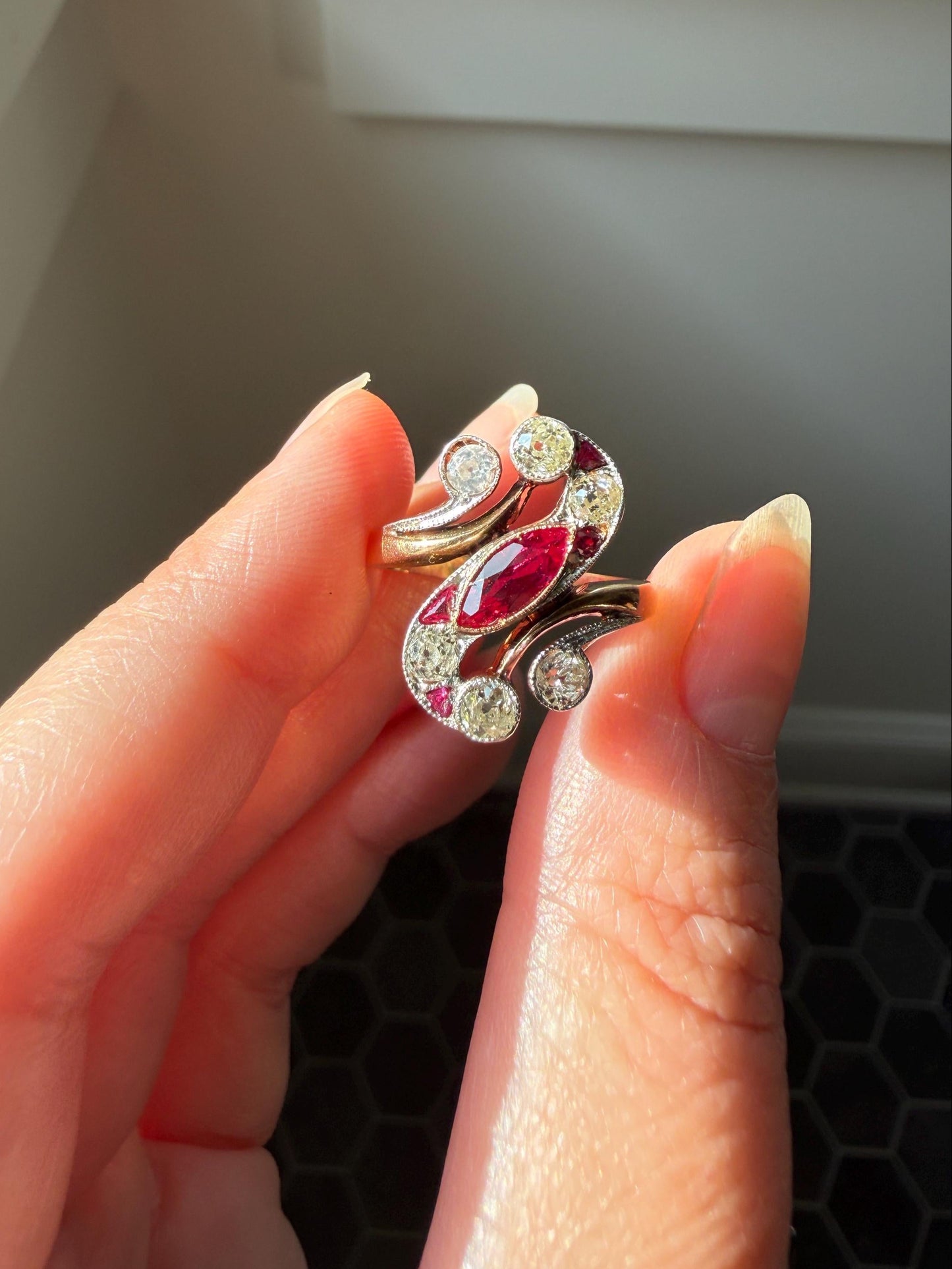 Unique Antique Ruby Old Mine Cut Diamond Swirl Ring 18k Gold Platinum Bezel Set Pink Fuchsia Color Sparkle Figural Stacker Marquise Navette