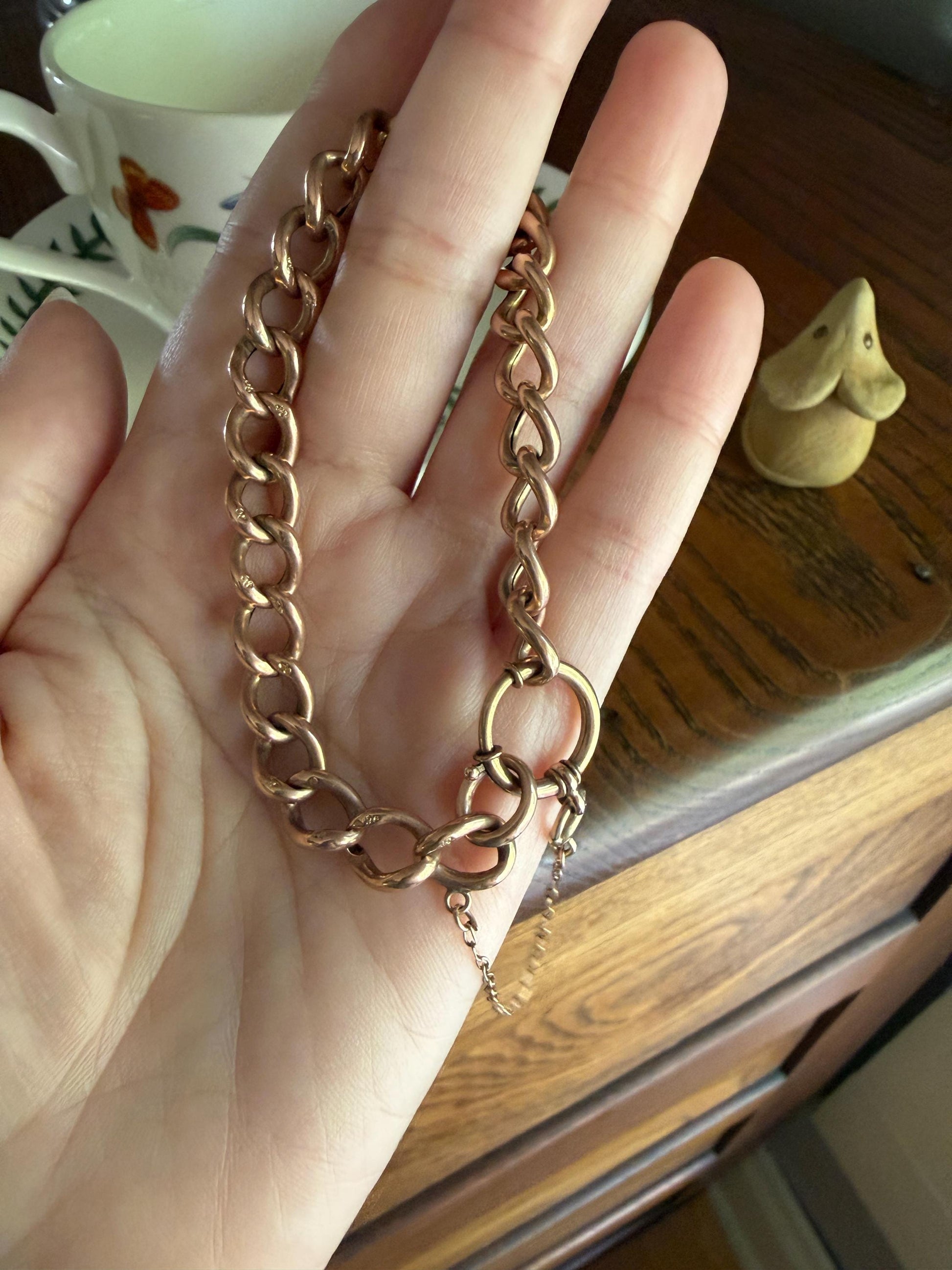 Victorian ANTIQUE 8.4mm Wide Curb Chain Bracelet with XL Spring Ring Bolt Clasp 8k Rosy Gold Wriststack Staple